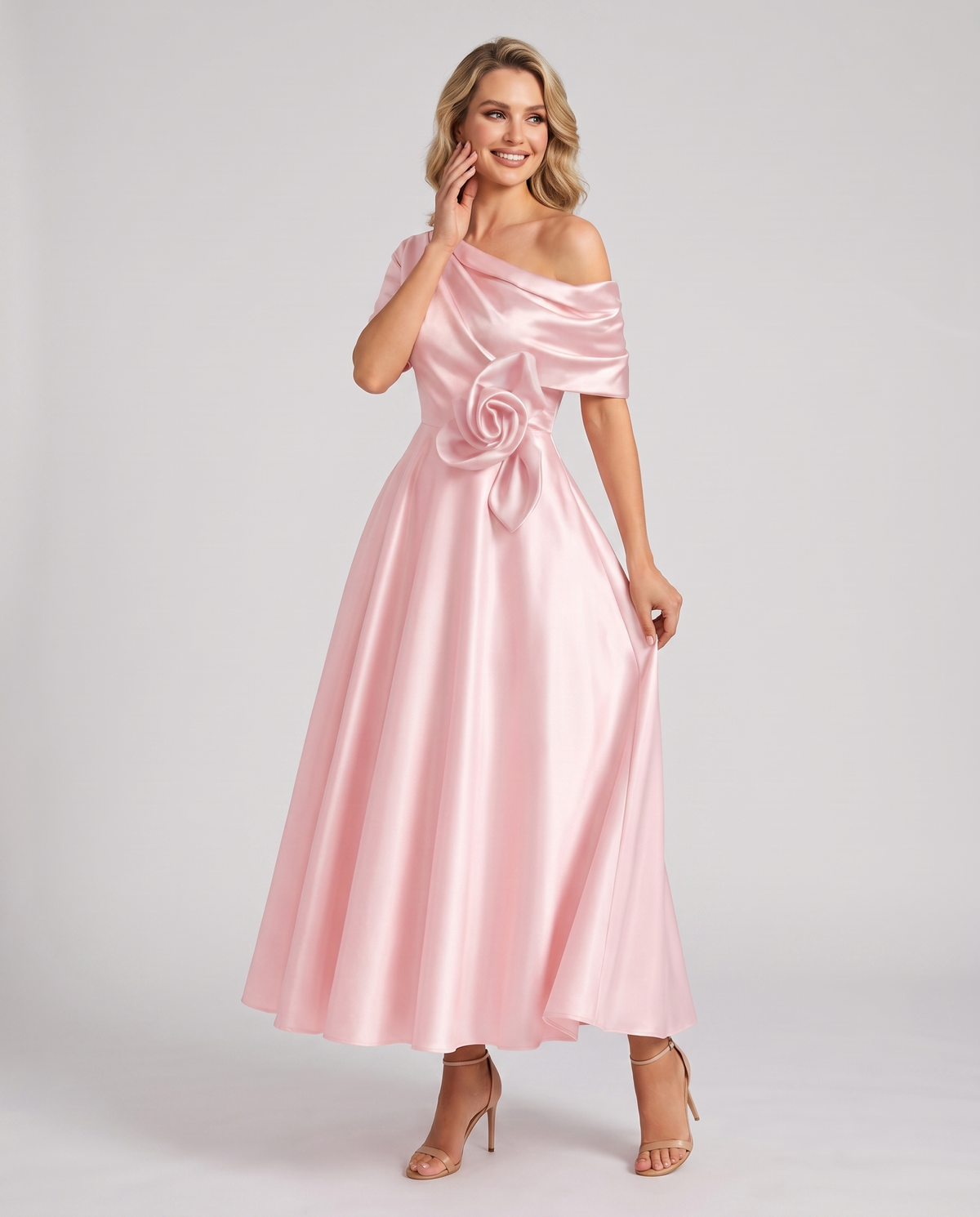 Blush Satin Short Sleeve One Shoulder A-Line Maxi Dress | Slimona | SKU: CE-123456789012345-BLUSH-L,CE-123456789012345-BLUSH-M,CE-123456789012345-BLUSH-S,CE-123456789012345-BLUSH-XL,CE-123456789012345-BLUSH-XS