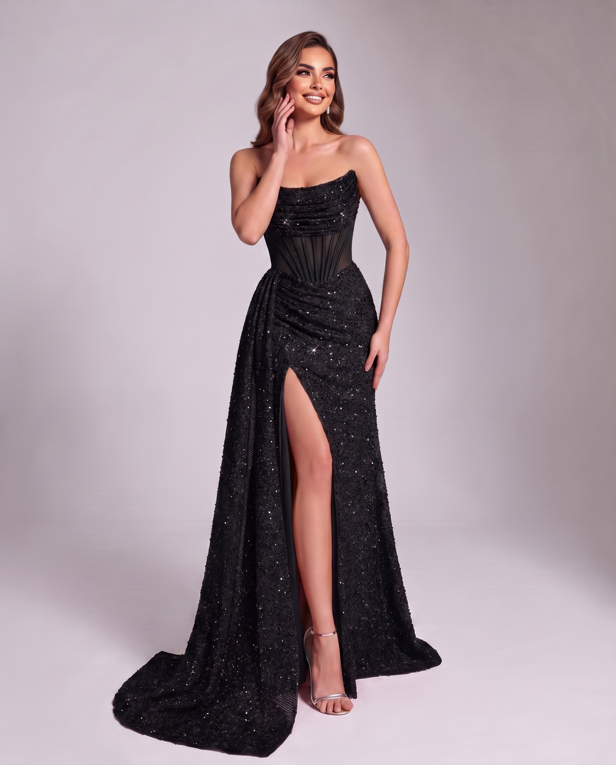 Black Sparkly Sequin Mermaid Maxi Dress with Strapless Neckline and Side Slit | Slimona | SKU: AMD-847205936174820-BLACK-L,AMD-847205936174820-BLACK-M,AMD-847205936174820-BLACK-S,AMD-847205936174820-BLACK-XL,AMD-847205936174820-BLACK-XS