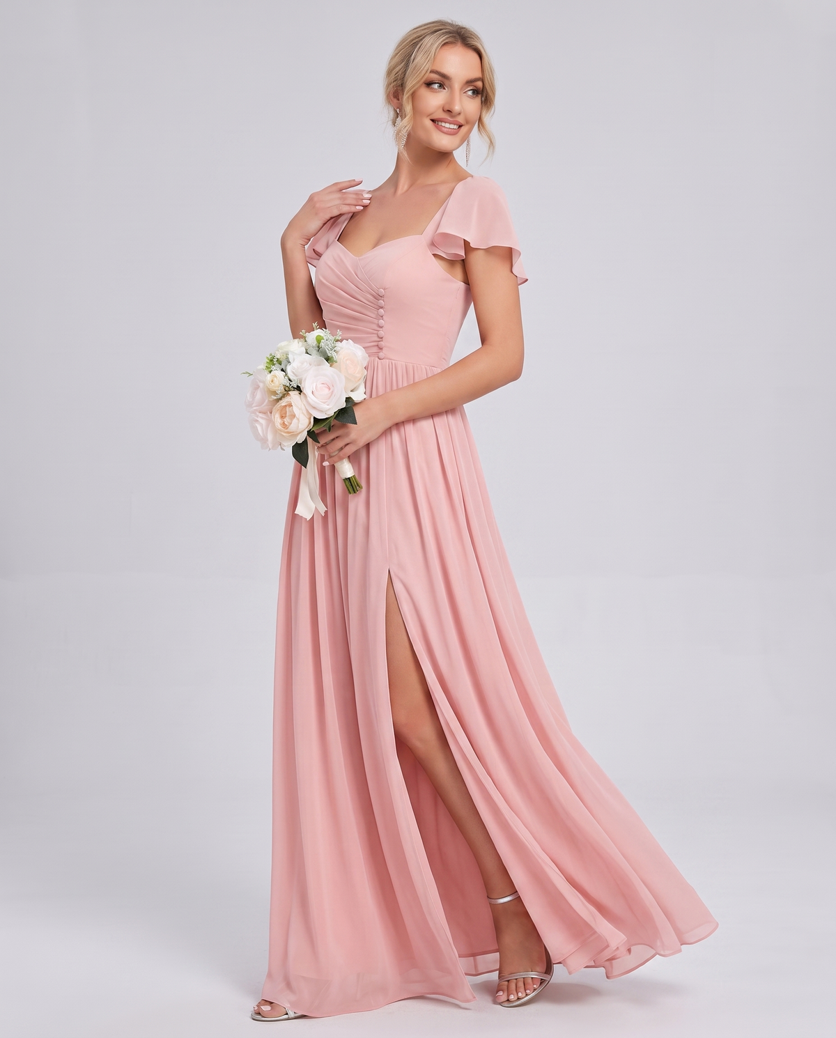 Blush Chiffon Flutter Sleeve Sweetheart A-Line Maxi Dress with Pockets | Slimona | SKU: SM-483920174651308-BLUSH-L,SM-483920174651308-BLUSH-M,SM-483920174651308-BLUSH-S,SM-483920174651308-BLUSH-XL,SM-483920174651308-BLUSH-XS