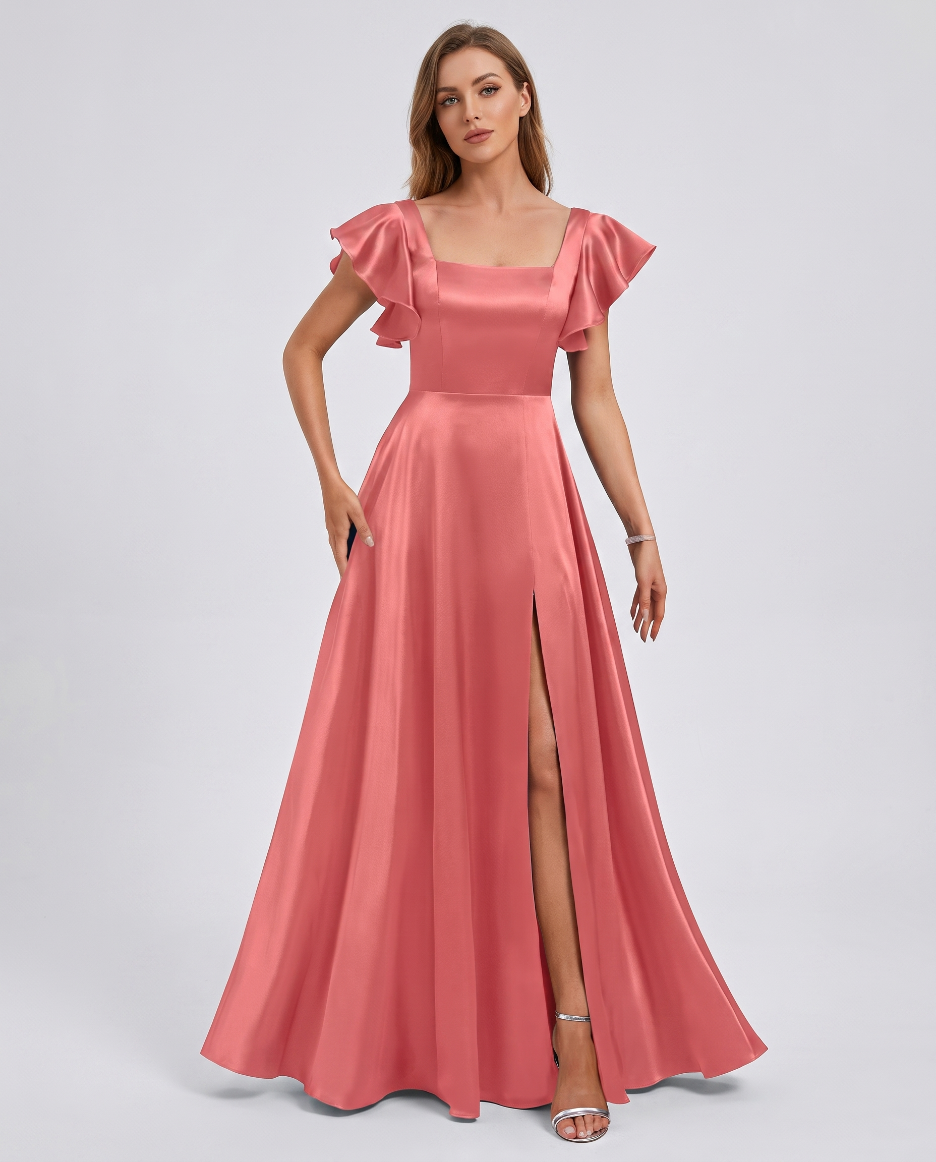 Satin Short Flutter Sleeve Square Neck A-Line Maxi Dress with Pockets for Party, Cocktail, Evening, Wedding Guest & Summer Ev
