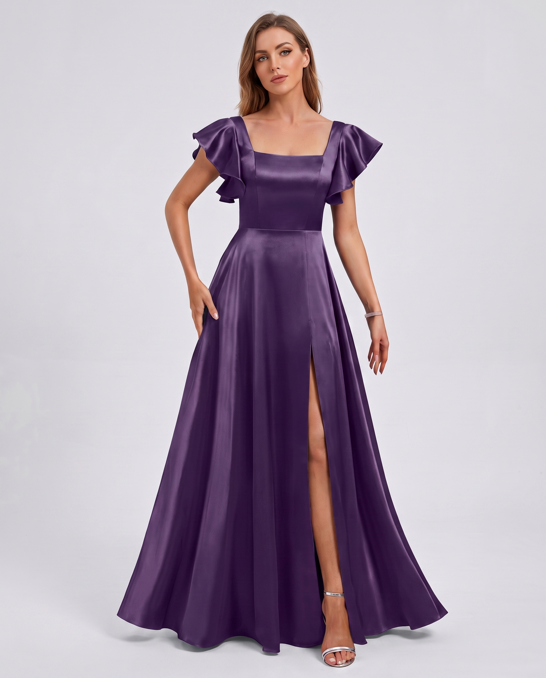 Satin Short Flutter Sleeve Square Neck A-Line Maxi Dress with Pockets for Party, Cocktail, Evening, Wedding Guest & Summer Ev