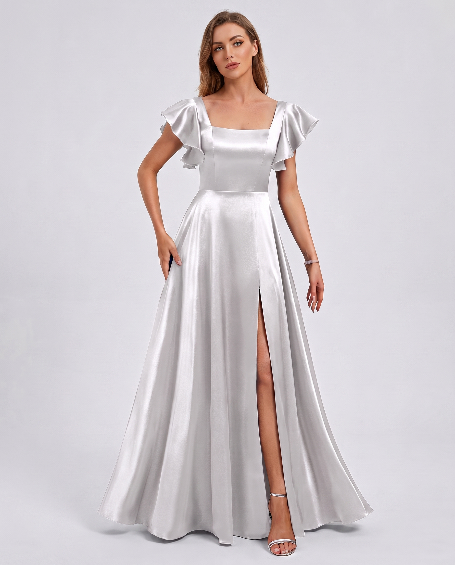 Satin Short Flutter Sleeve Square Neck A-Line Maxi Dress with Pockets for Party, Cocktail, Evening, Wedding Guest & Summer Ev