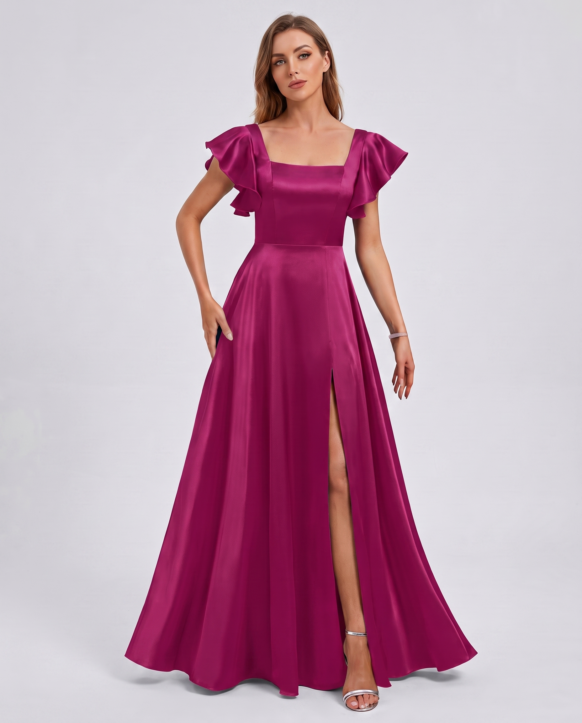 Satin Short Flutter Sleeve Square Neck A-Line Maxi Dress with Pockets for Party, Cocktail, Evening, Wedding Guest & Summer Ev