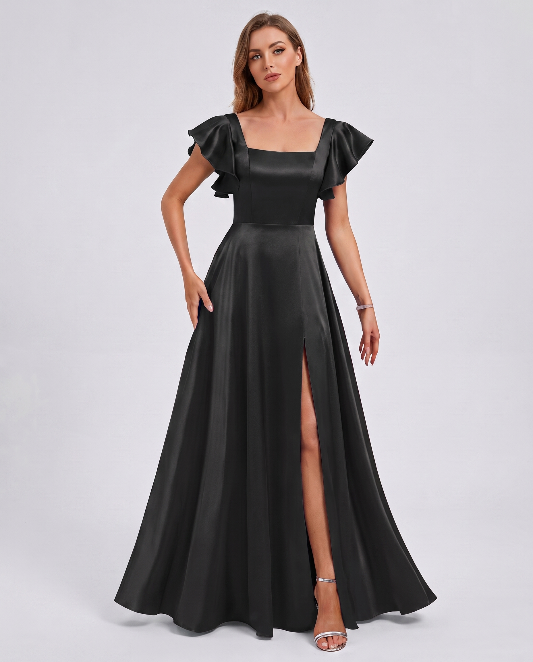 Satin Short Flutter Sleeve Square Neck A-Line Maxi Dress with Pockets for Party, Cocktail, Evening, Wedding Guest & Summer Ev