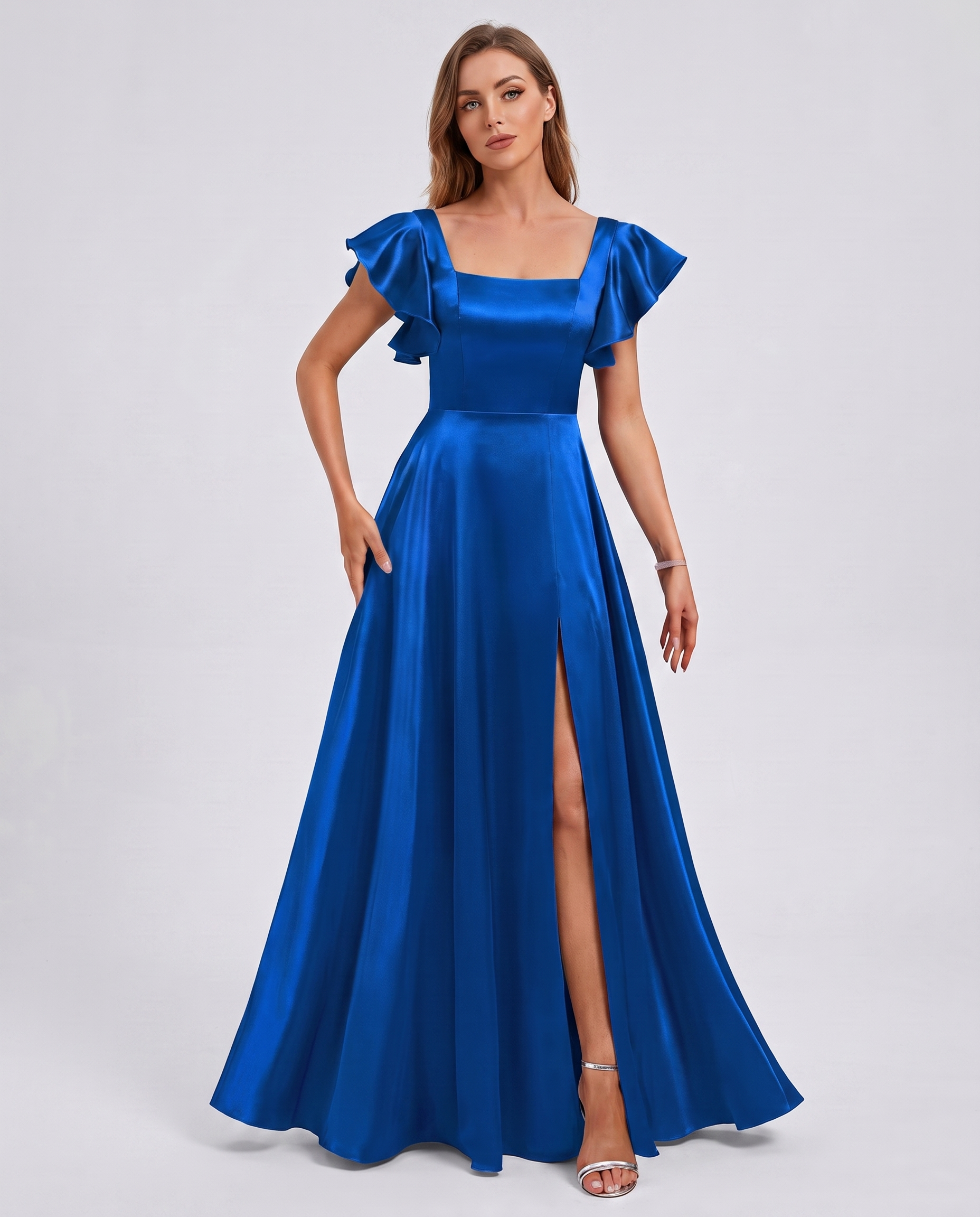 Satin Short Flutter Sleeve Square Neck A-Line Maxi Dress with Pockets for Party, Cocktail, Evening, Wedding Guest & Summer Ev