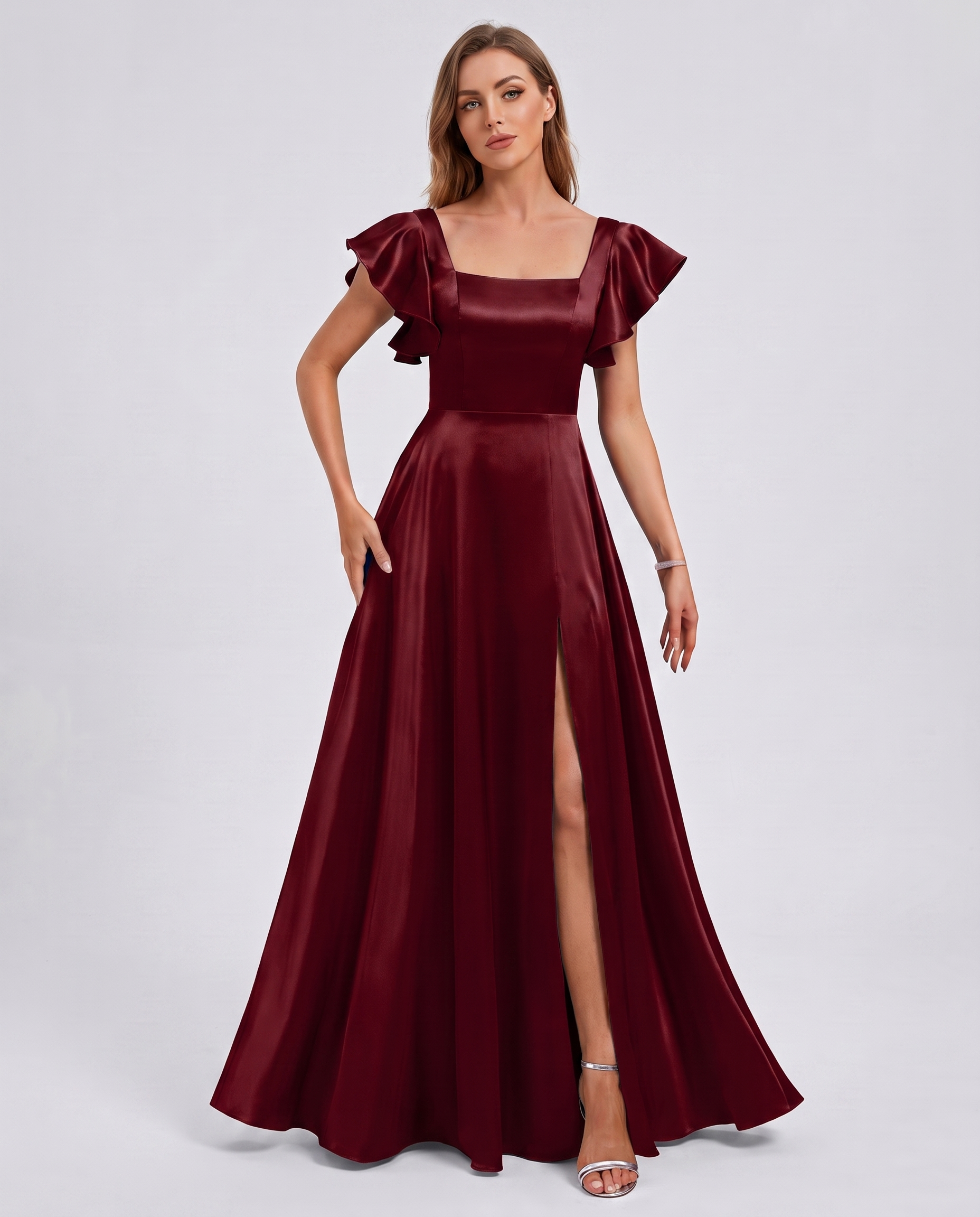Satin Short Flutter Sleeve Square Neck A-Line Maxi Dress with Pockets for Party, Cocktail, Evening, Wedding Guest & Summer Ev