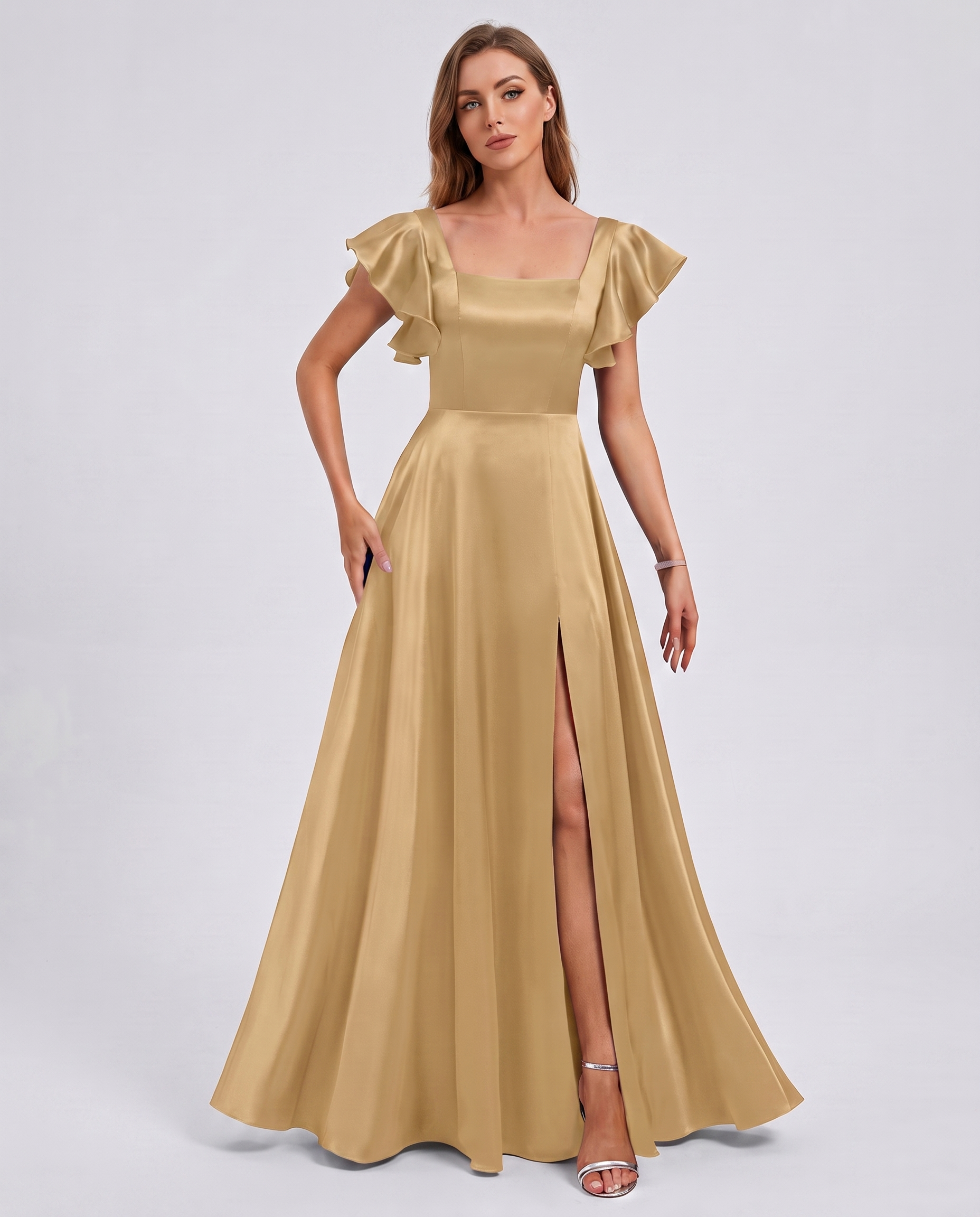 Satin Short Flutter Sleeve Square Neck A-Line Maxi Dress with Pockets for Party, Cocktail, Evening, Wedding Guest & Summer Ev