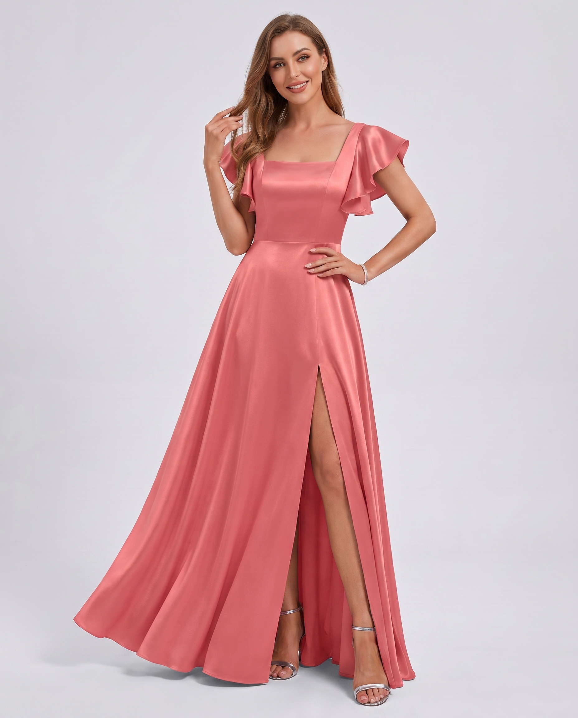 Satin Short Flutter Sleeve Square Neck A-Line Maxi Dress with Pockets for Party, Cocktail, Evening, Wedding Guest & Summer Ev