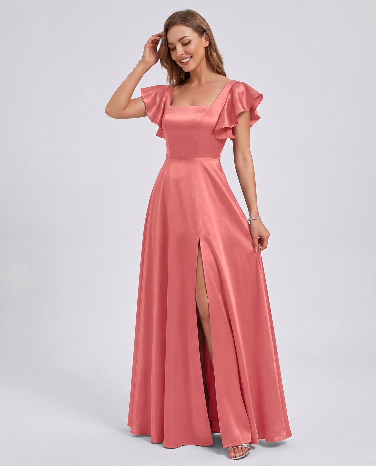 Satin Short Flutter Sleeve Square Neck A-Line Maxi Dress with Pockets for Party, Cocktail, Evening, Wedding Guest & Summer Ev | SKU: LMD-482913650741825-CORAL-L,LMD-482913650741825-CORAL-M,LMD-482913650741825-CORAL-S,LMD-482913650741825-CORAL-XL,LMD-482913650741825-CORAL-XS