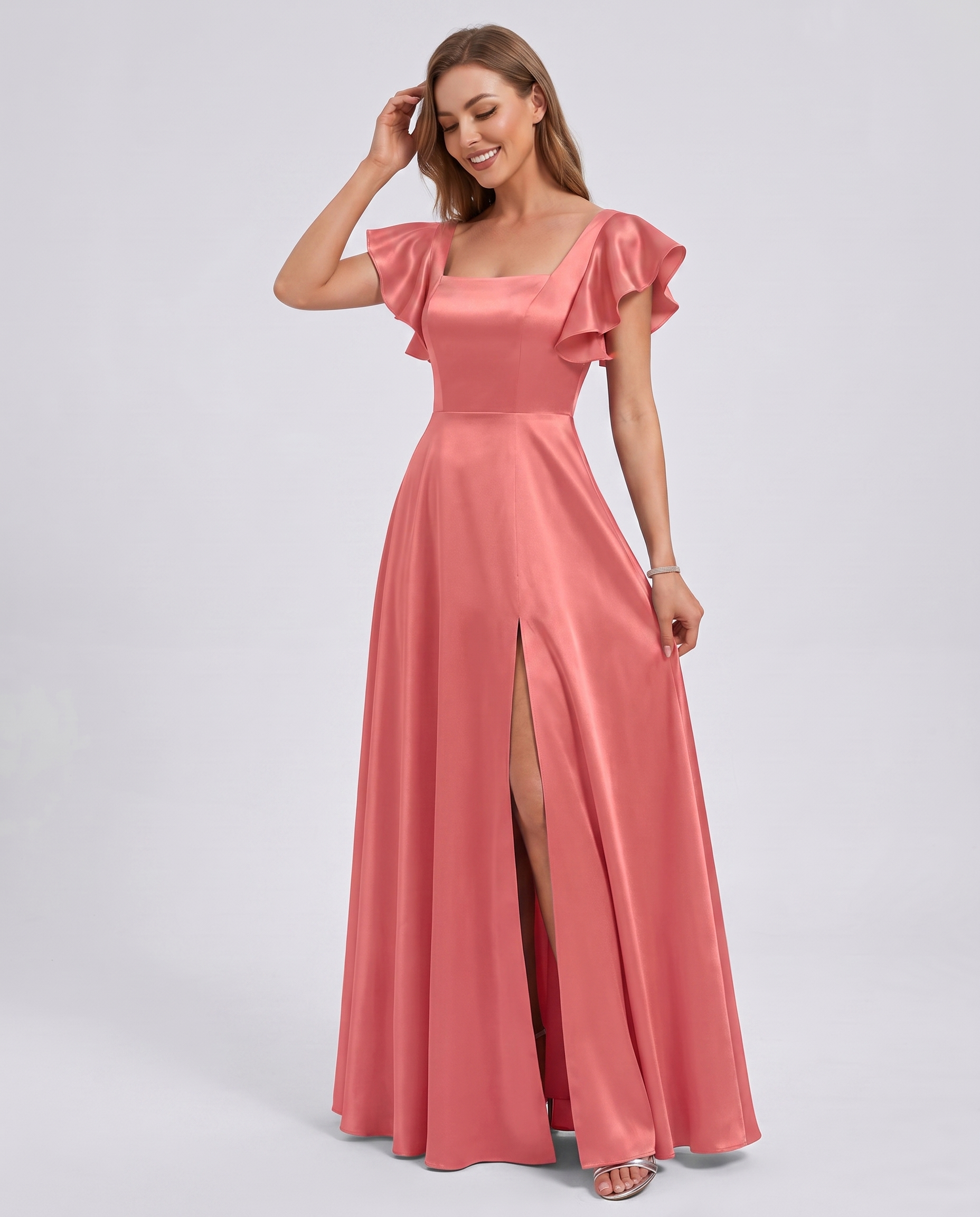 Satin Short Flutter Sleeve Square Neck A-Line Maxi Dress with Pockets for Party, Cocktail, Evening, Wedding Guest & Summer Ev