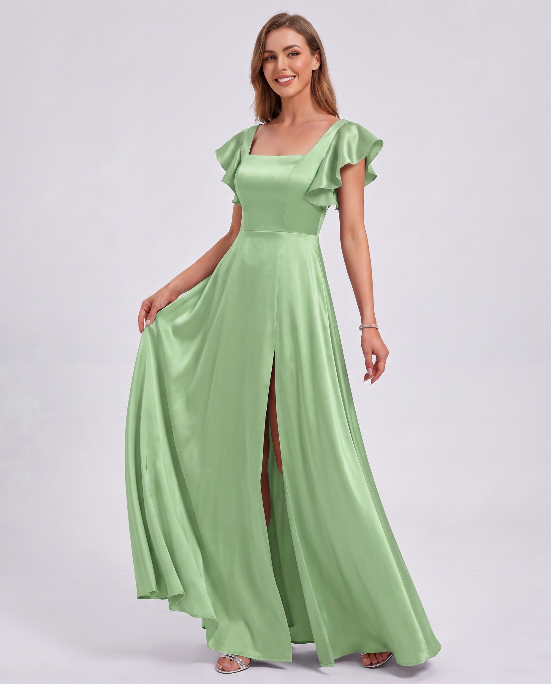Satin Short Flutter Sleeve Square Neck A-Line Maxi Dress with Pockets for Party, Cocktail, Evening, Wedding Guest & Summer Ev