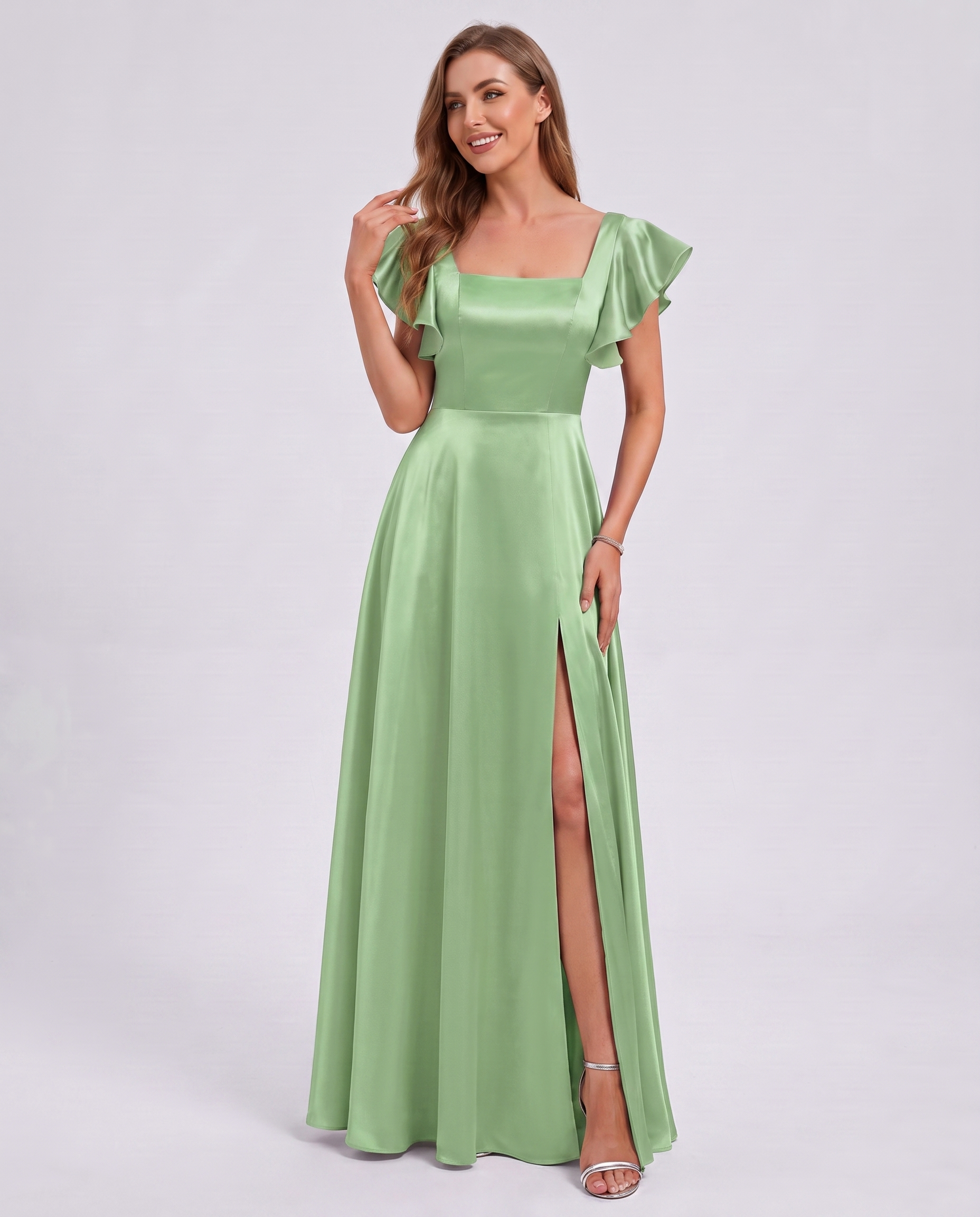Satin Short Flutter Sleeve Square Neck A-Line Maxi Dress with Pockets for Party, Cocktail, Evening, Wedding Guest & Summer Ev