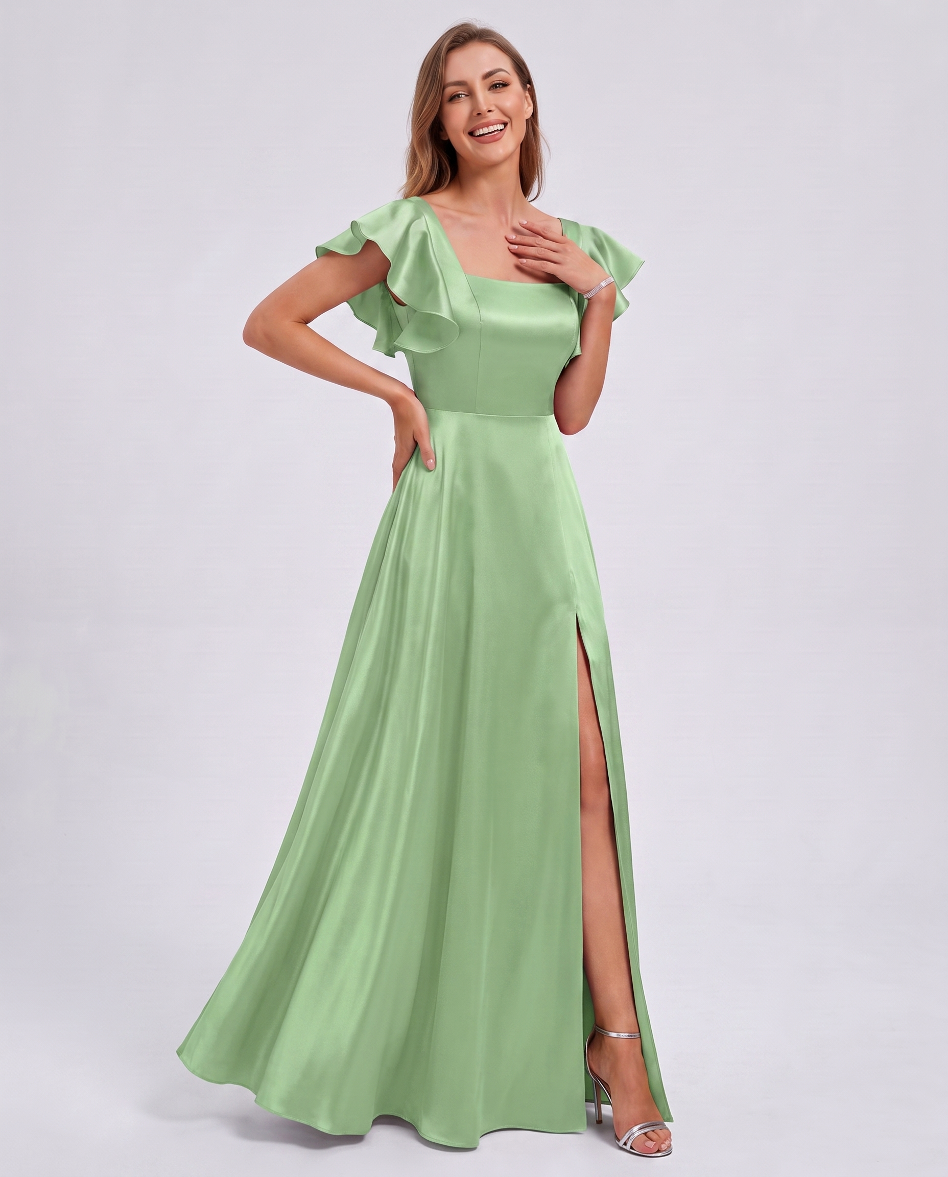 Satin Short Flutter Sleeve Square Neck A-Line Maxi Dress with Pockets for Party, Cocktail, Evening, Wedding Guest & Summer Ev