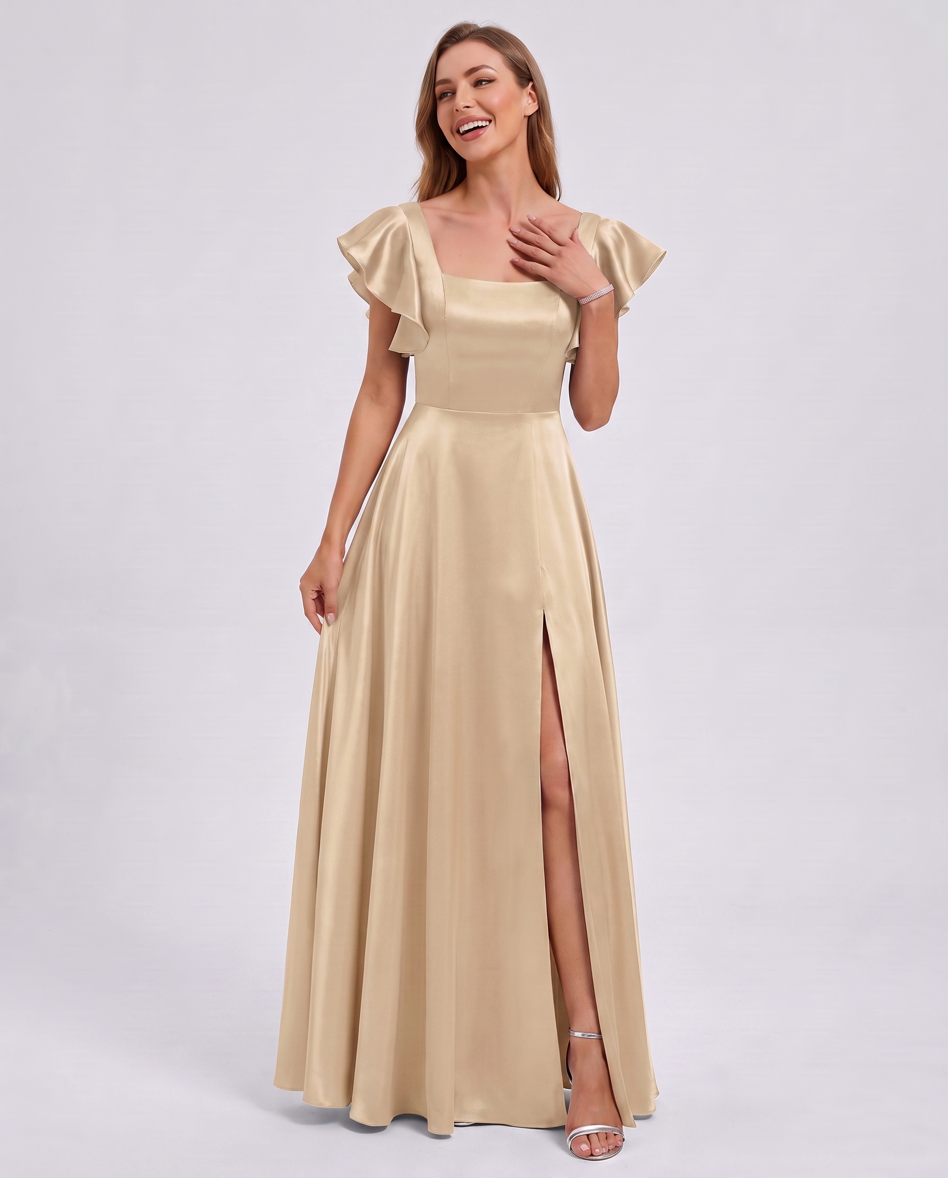 Satin Short Flutter Sleeve Square Neck A-Line Maxi Dress with Pockets for Party, Cocktail, Evening, Wedding Guest & Summer Ev