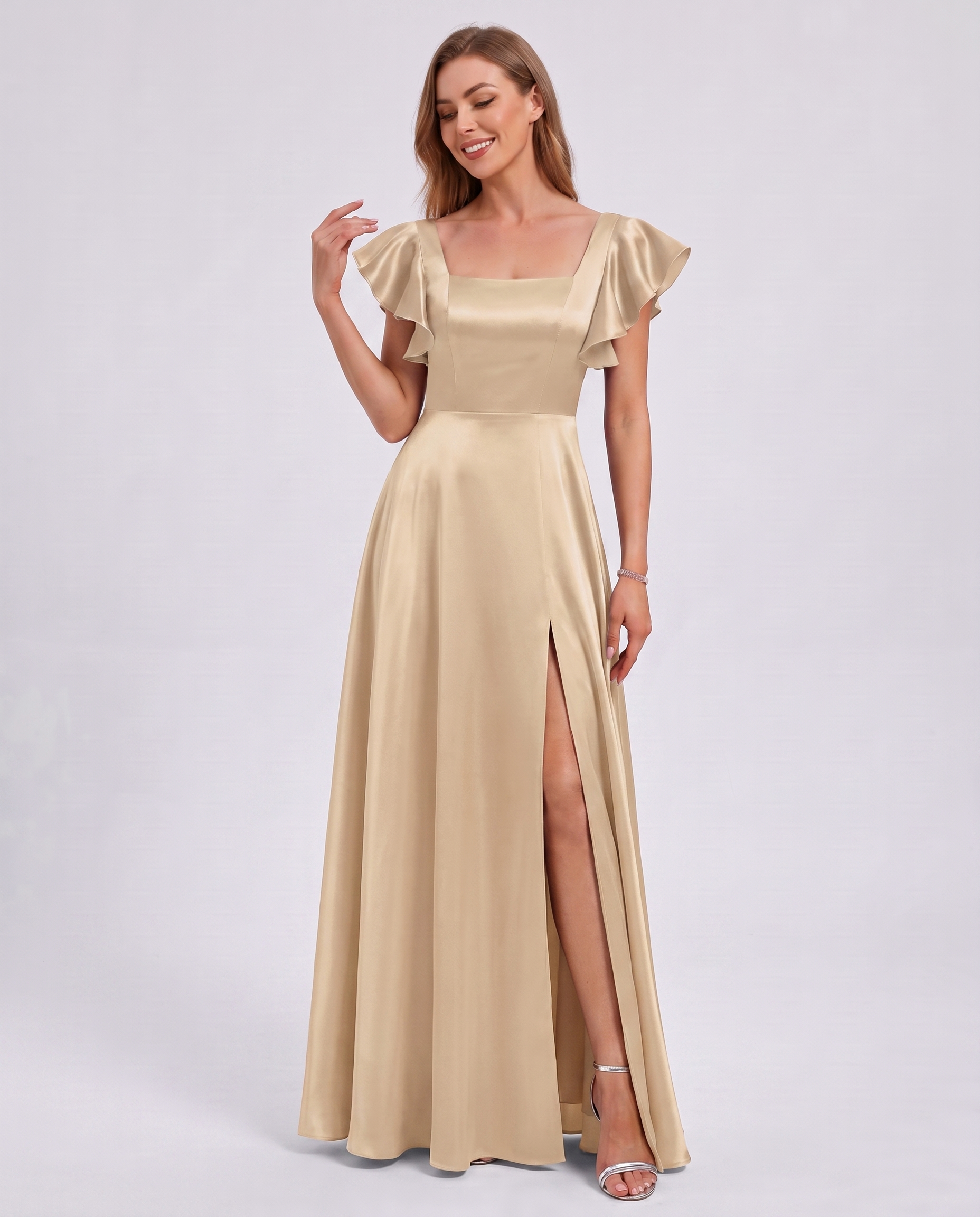 Satin Short Flutter Sleeve Square Neck A-Line Maxi Dress with Pockets for Party, Cocktail, Evening, Wedding Guest & Summer Ev