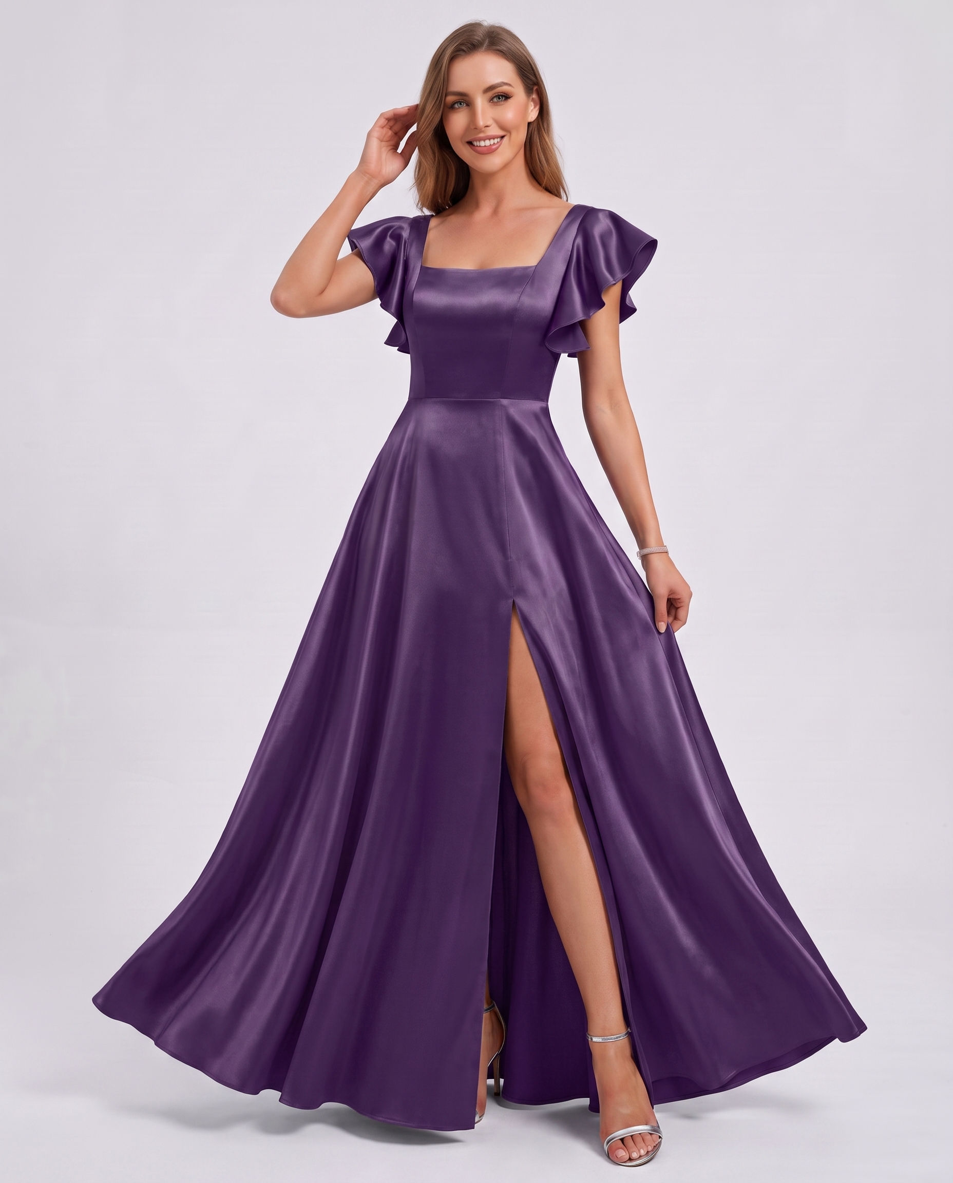 Satin Short Flutter Sleeve Square Neck A-Line Maxi Dress with Pockets for Party, Cocktail, Evening, Wedding Guest & Summer Ev