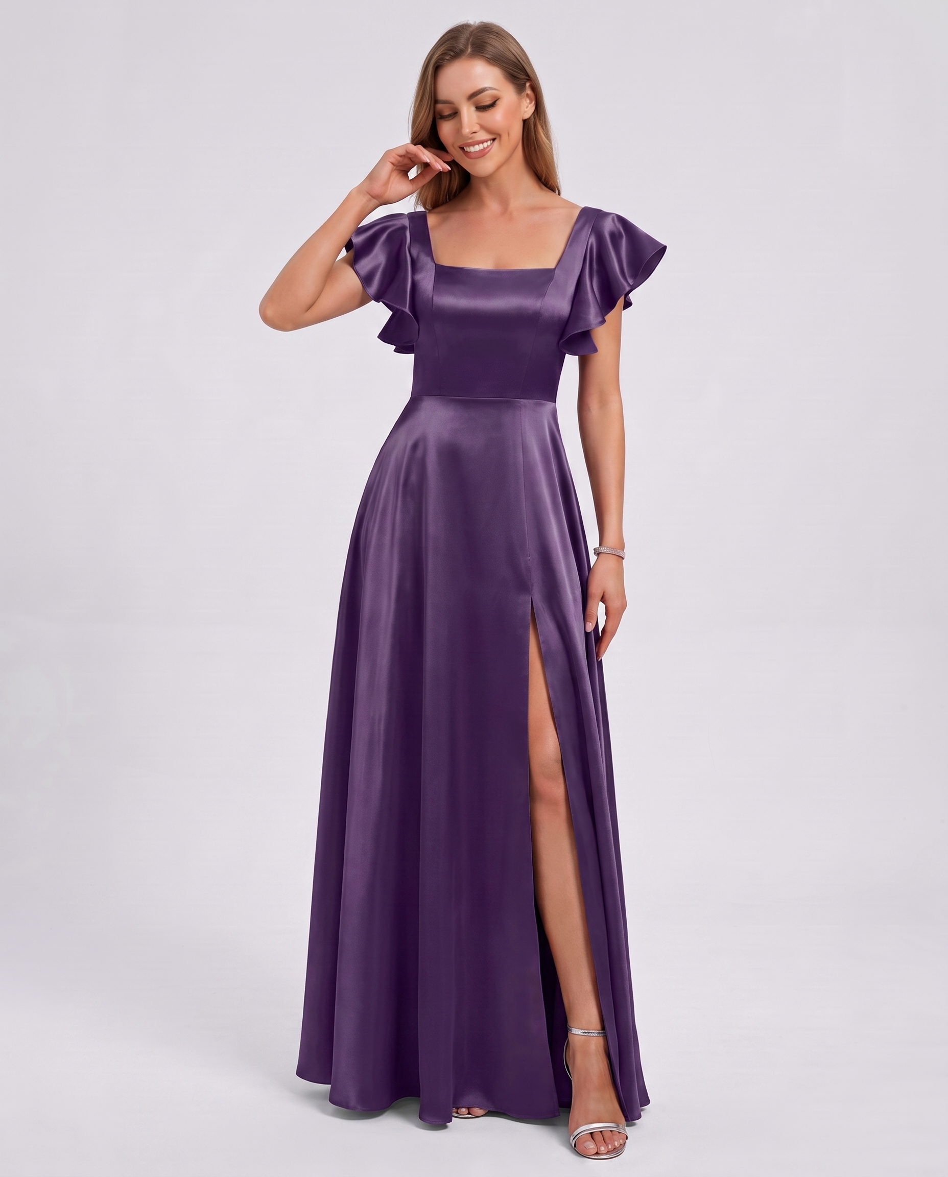 Satin Short Flutter Sleeve Square Neck A-Line Maxi Dress with Pockets for Party, Cocktail, Evening, Wedding Guest & Summer Ev