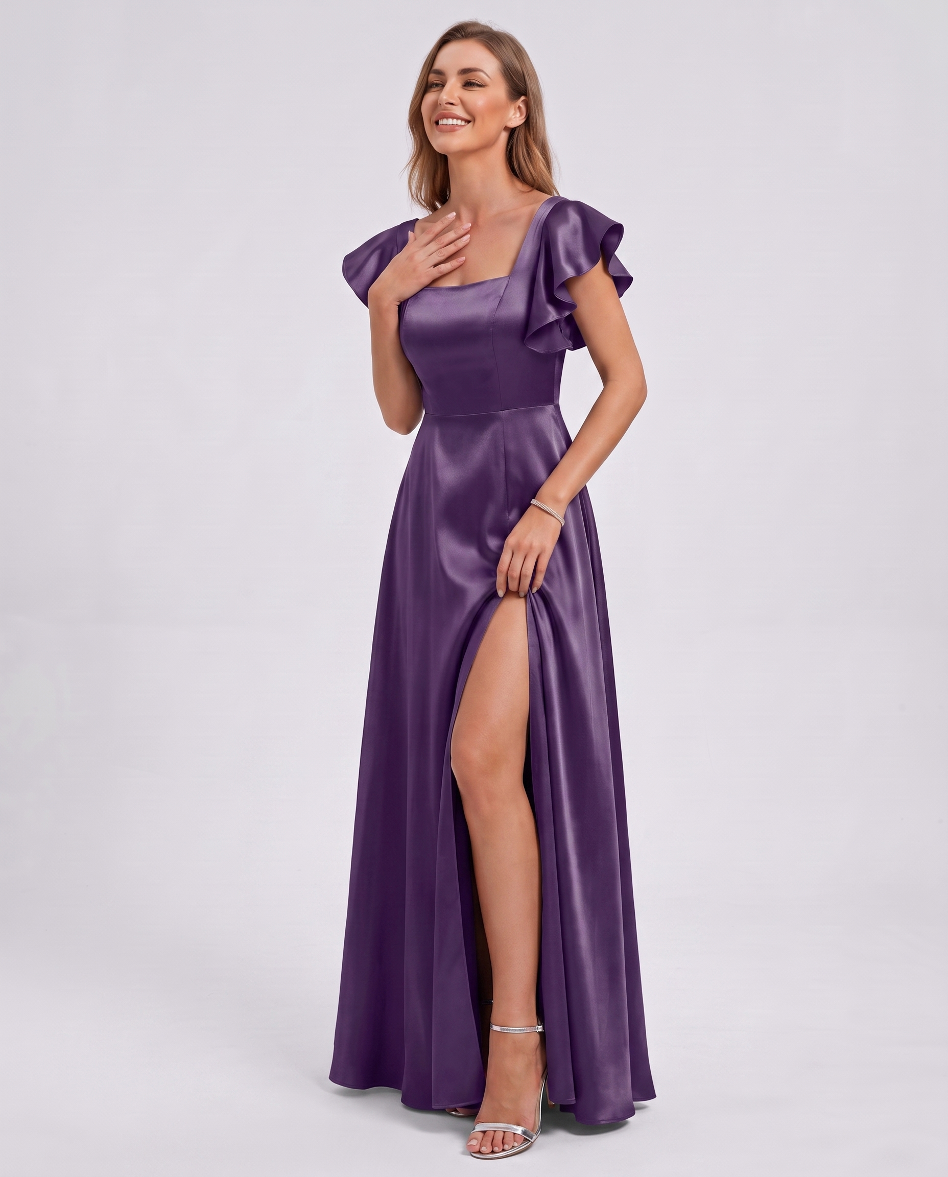 Satin Short Flutter Sleeve Square Neck A-Line Maxi Dress with Pockets for Party, Cocktail, Evening, Wedding Guest & Summer Ev