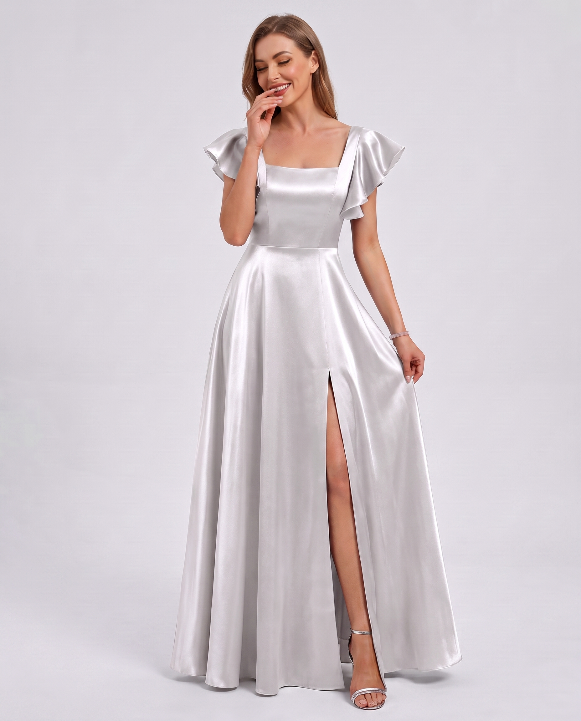 Satin Short Flutter Sleeve Square Neck A-Line Maxi Dress with Pockets for Party, Cocktail, Evening, Wedding Guest & Summer Ev