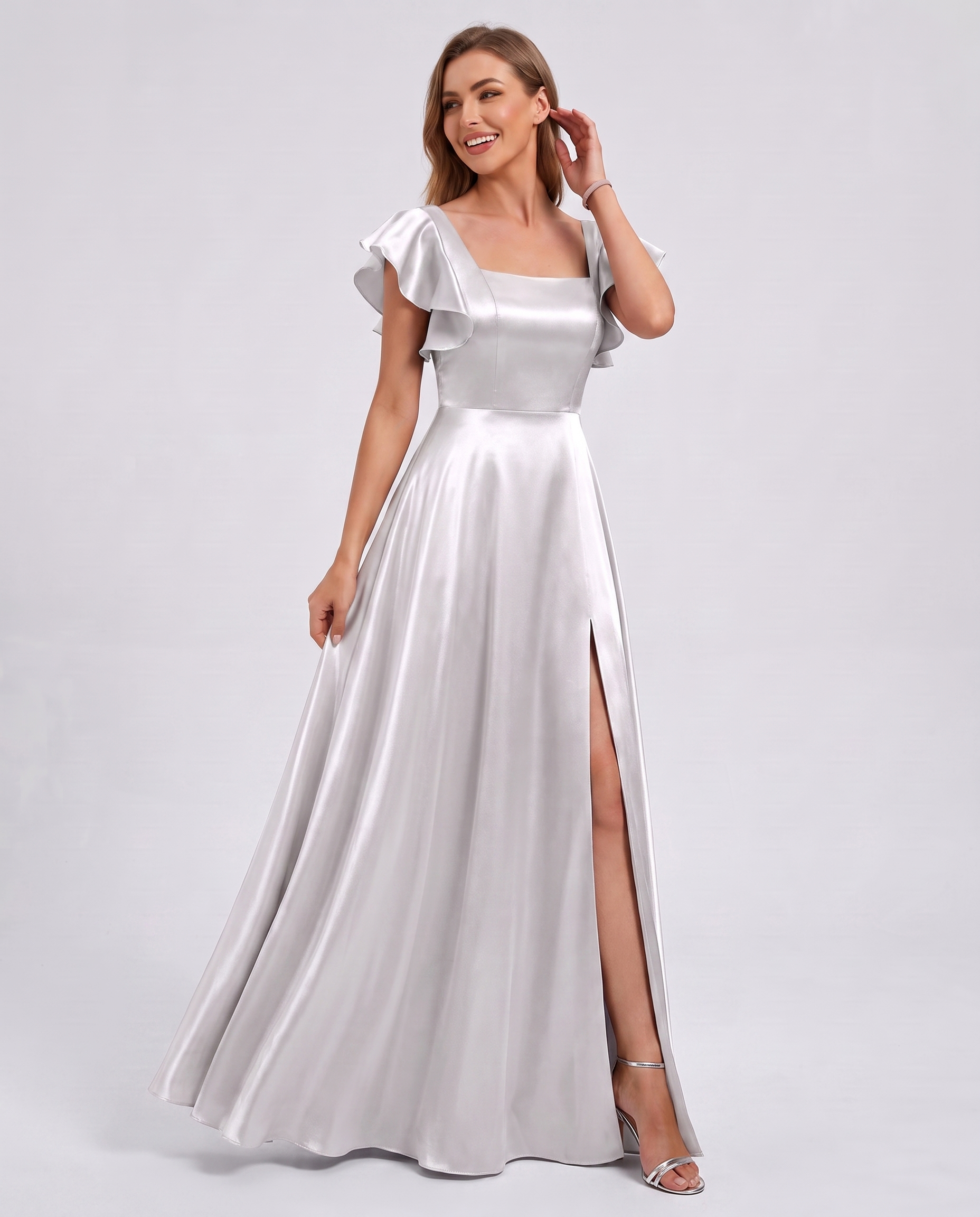 Satin Short Flutter Sleeve Square Neck A-Line Maxi Dress with Pockets for Party, Cocktail, Evening, Wedding Guest & Summer Ev