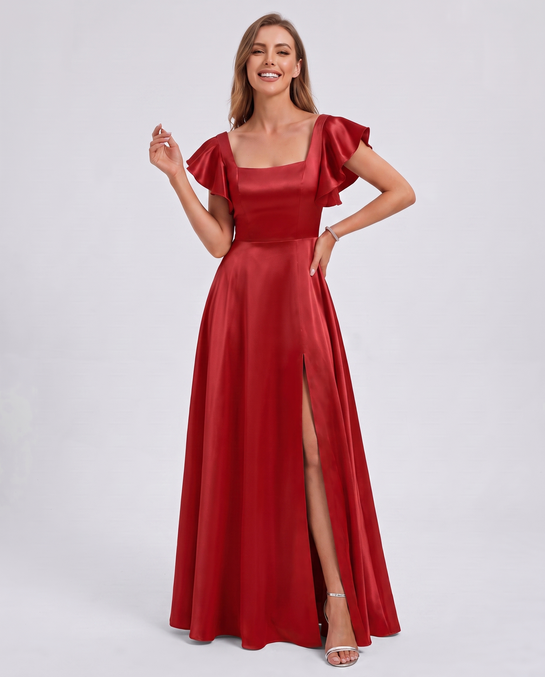 Satin Short Flutter Sleeve Square Neck A-Line Maxi Dress with Pockets for Party, Cocktail, Evening, Wedding Guest & Summer Ev