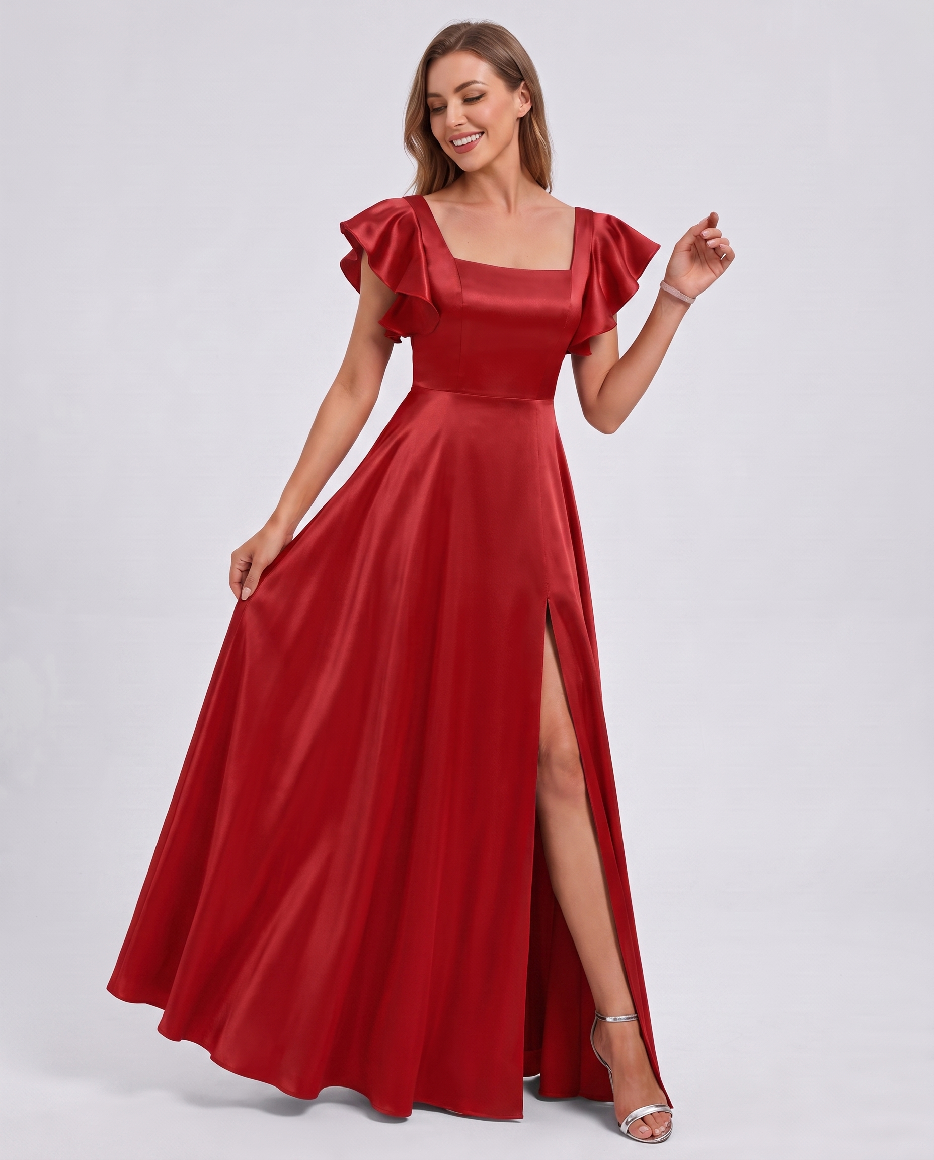 Satin Short Flutter Sleeve Square Neck A-Line Maxi Dress with Pockets for Party, Cocktail, Evening, Wedding Guest & Summer Ev