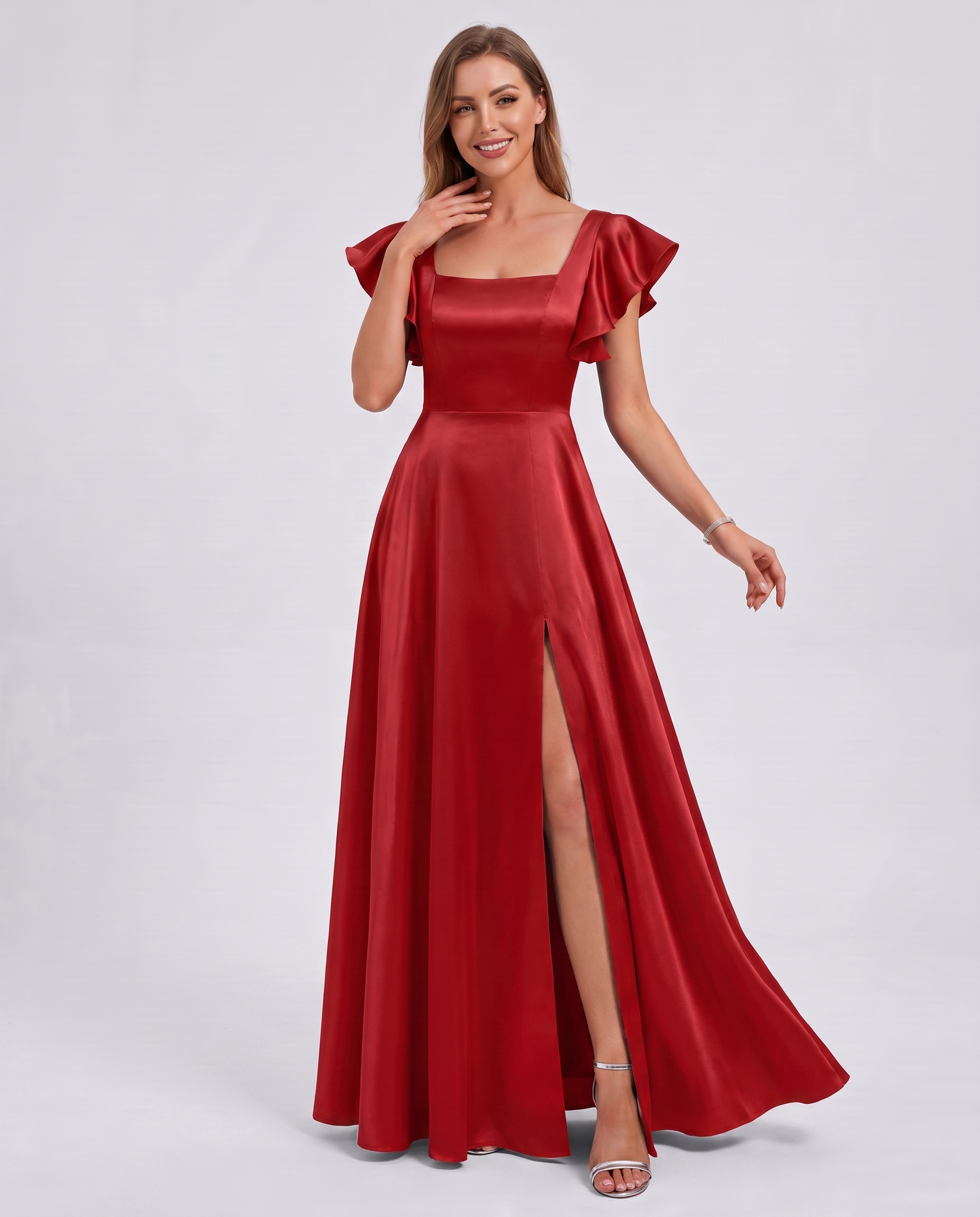 Satin Short Flutter Sleeve Square Neck A-Line Maxi Dress with Pockets for Party, Cocktail, Evening, Wedding Guest & Summer Ev
