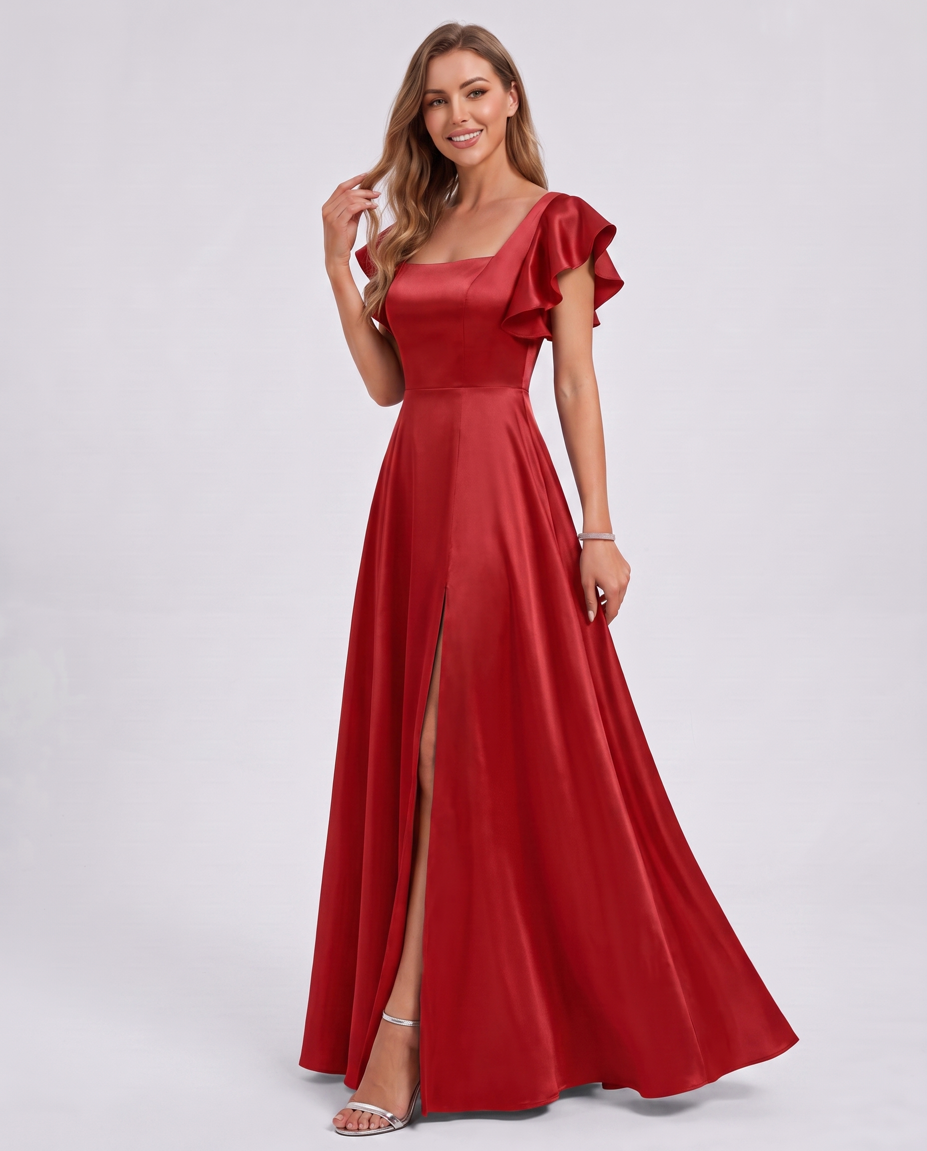 Satin Short Flutter Sleeve Square Neck A-Line Maxi Dress with Pockets for Party, Cocktail, Evening, Wedding Guest & Summer Ev