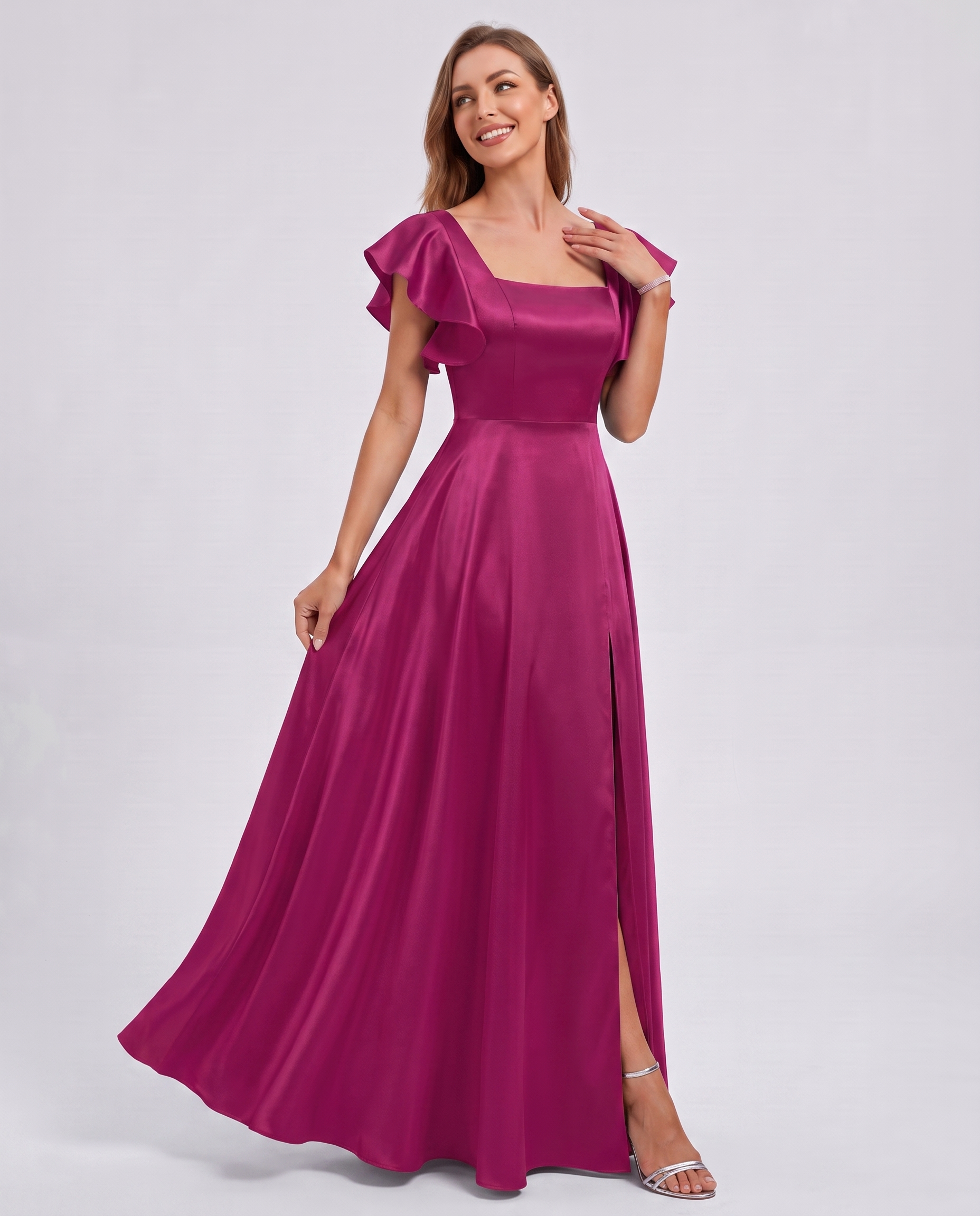 Satin Short Flutter Sleeve Square Neck A-Line Maxi Dress with Pockets for Party, Cocktail, Evening, Wedding Guest & Summer Ev