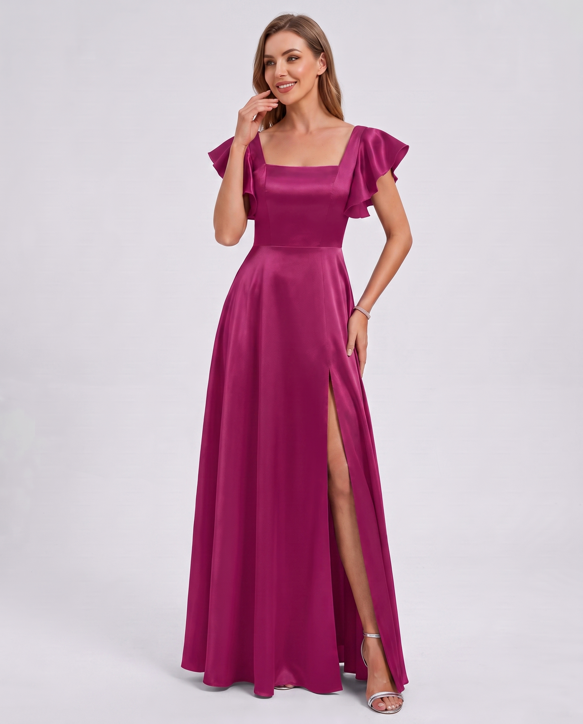 Satin Short Flutter Sleeve Square Neck A-Line Maxi Dress with Pockets for Party, Cocktail, Evening, Wedding Guest & Summer Ev