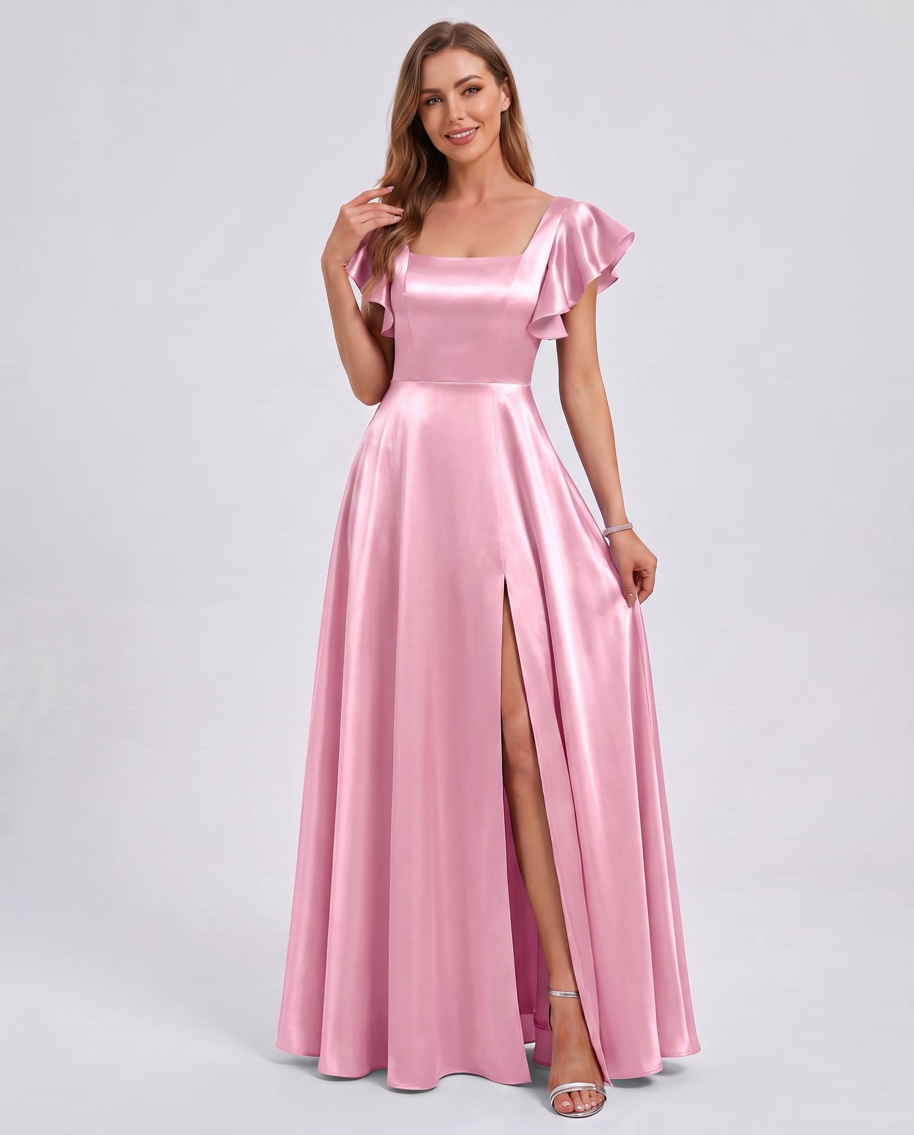 Satin Short Flutter Sleeve Square Neck A-Line Maxi Dress with Pockets for Party, Cocktail, Evening, Wedding Guest & Summer Ev
