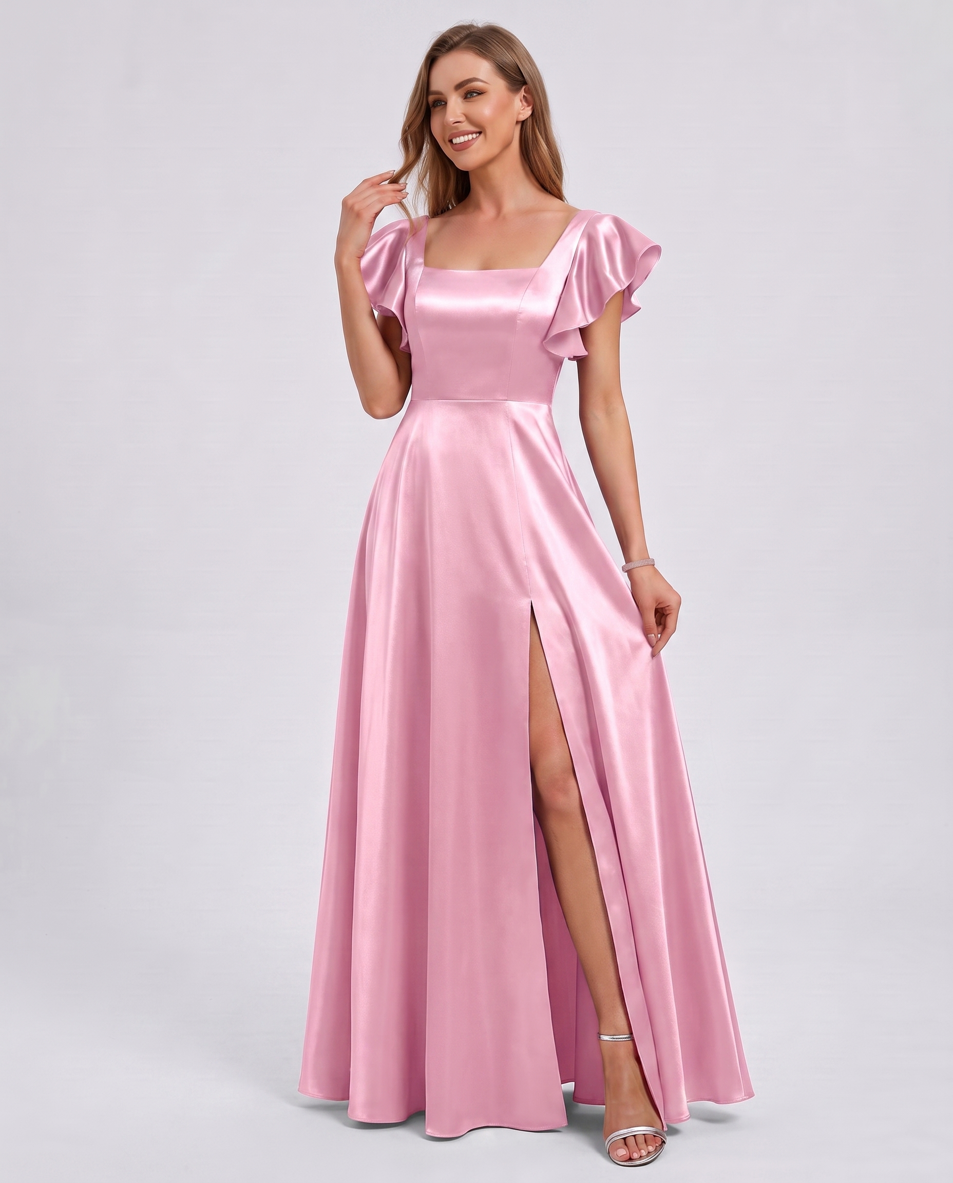 Satin Short Flutter Sleeve Square Neck A-Line Maxi Dress with Pockets for Party, Cocktail, Evening, Wedding Guest & Summer Ev