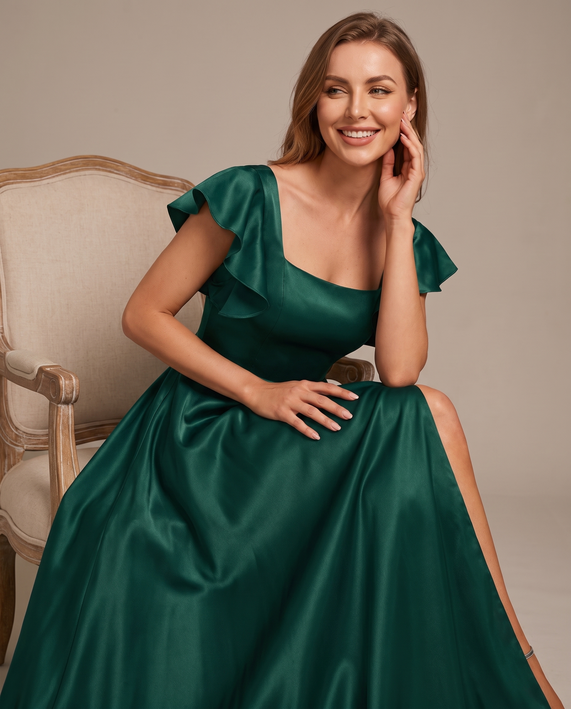 Satin Short Flutter Sleeve Square Neck A-Line Maxi Dress with Pockets for Party, Cocktail, Evening, Wedding Guest & Summer Ev