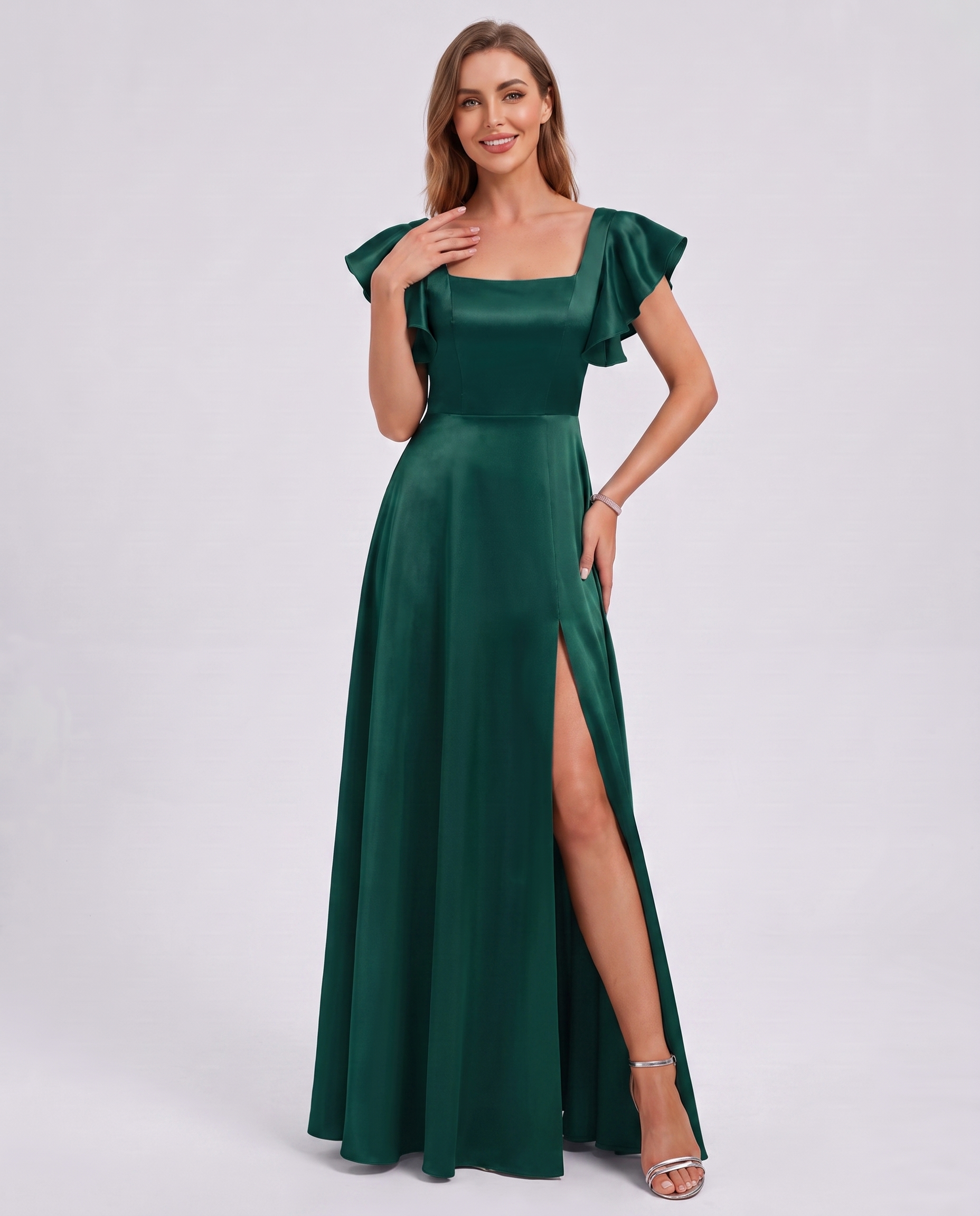 Satin Short Flutter Sleeve Square Neck A-Line Maxi Dress with Pockets for Party, Cocktail, Evening, Wedding Guest & Summer Ev