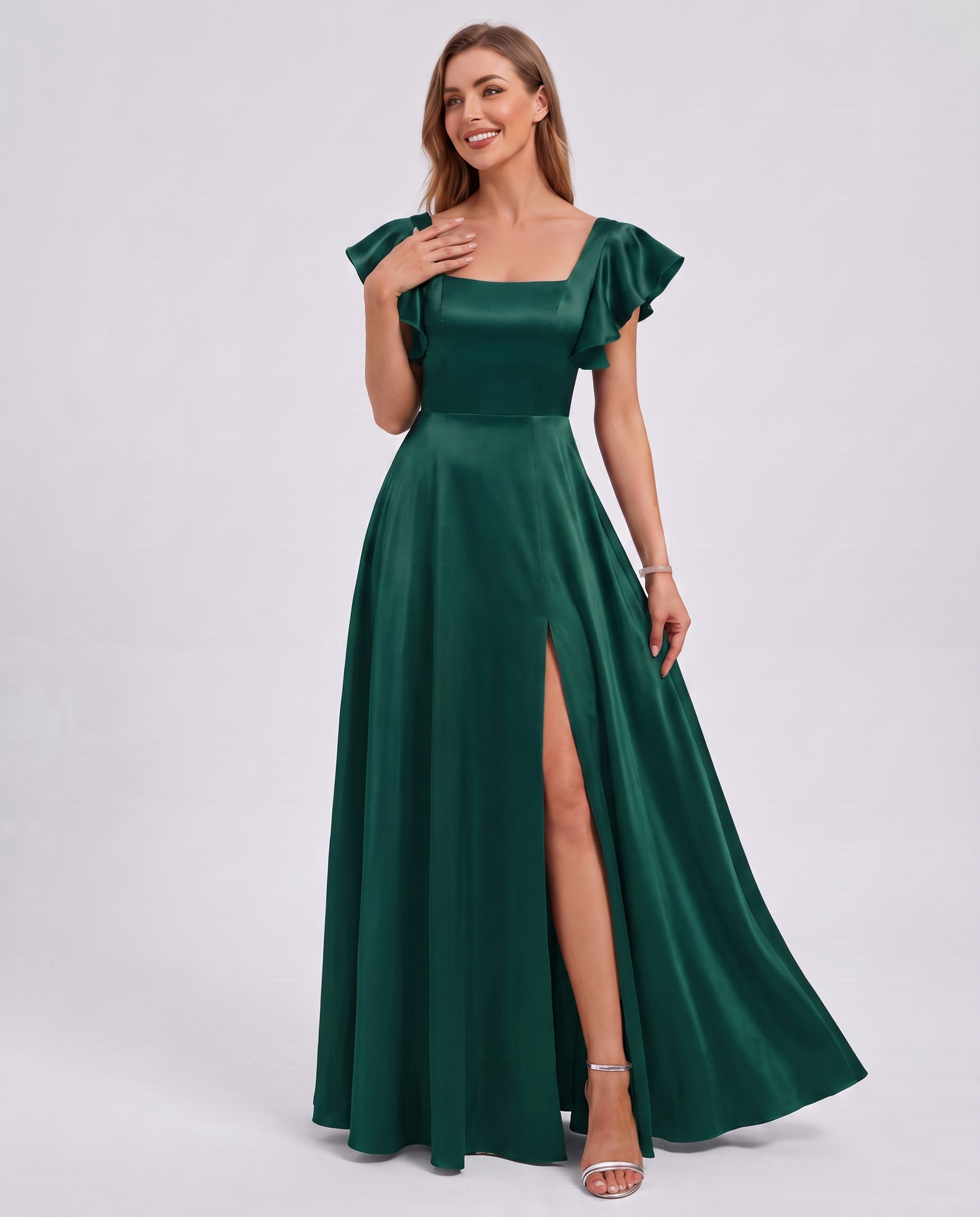 Satin Short Flutter Sleeve Square Neck A-Line Maxi Dress with Pockets for Party, Cocktail, Evening, Wedding Guest & Summer Ev