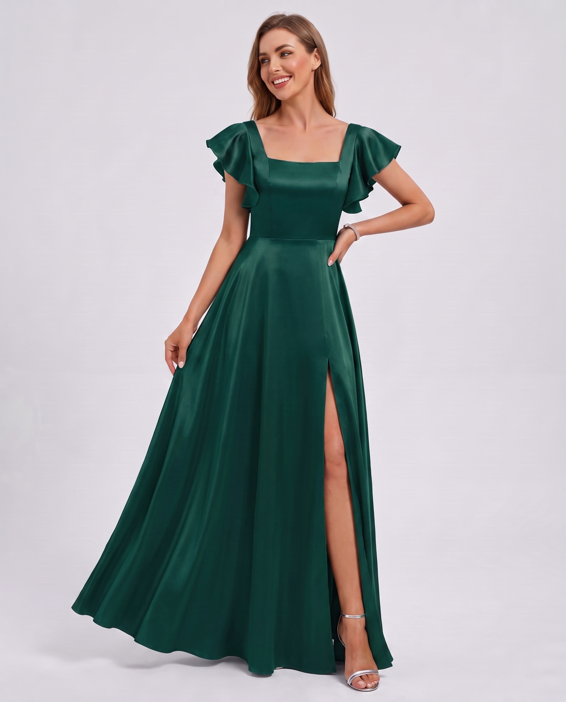 Satin Short Flutter Sleeve Square Neck A-Line Maxi Dress with Pockets for Party, Cocktail, Evening, Wedding Guest & Summer Ev