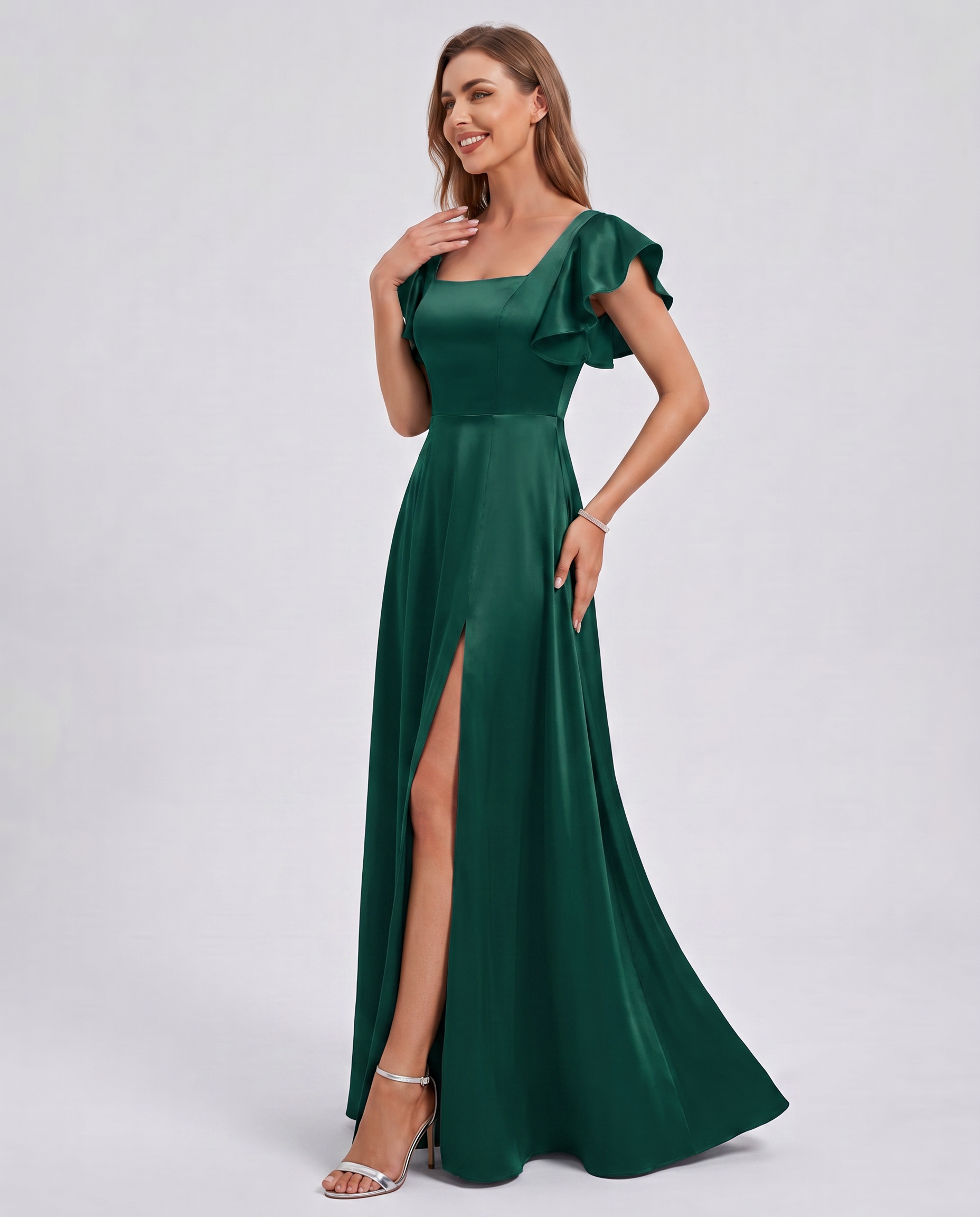 Satin Short Flutter Sleeve Square Neck A-Line Maxi Dress with Pockets for Party, Cocktail, Evening, Wedding Guest & Summer Ev