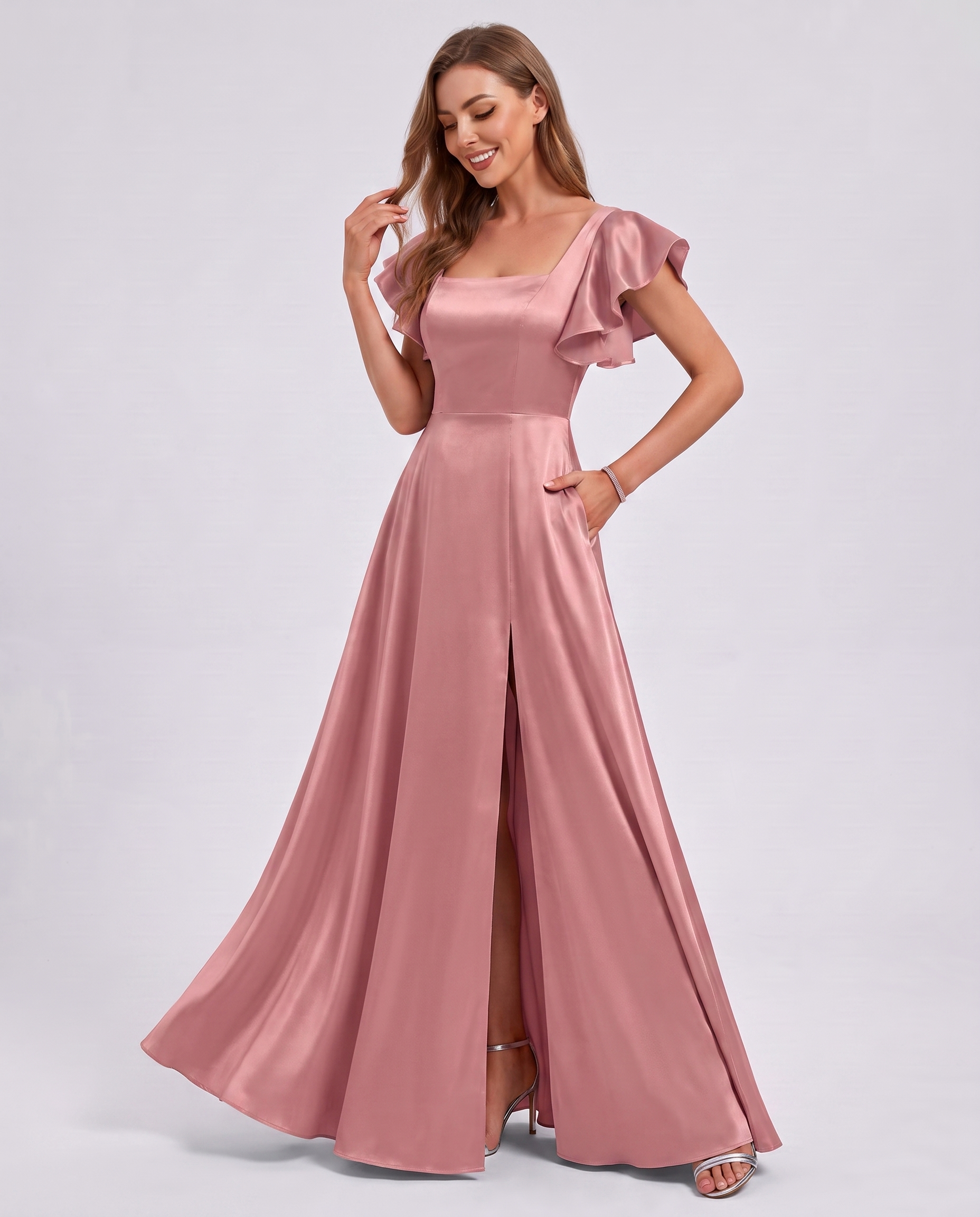 Satin Short Flutter Sleeve Square Neck A-Line Maxi Dress with Pockets for Party, Cocktail, Evening, Wedding Guest & Summer Ev