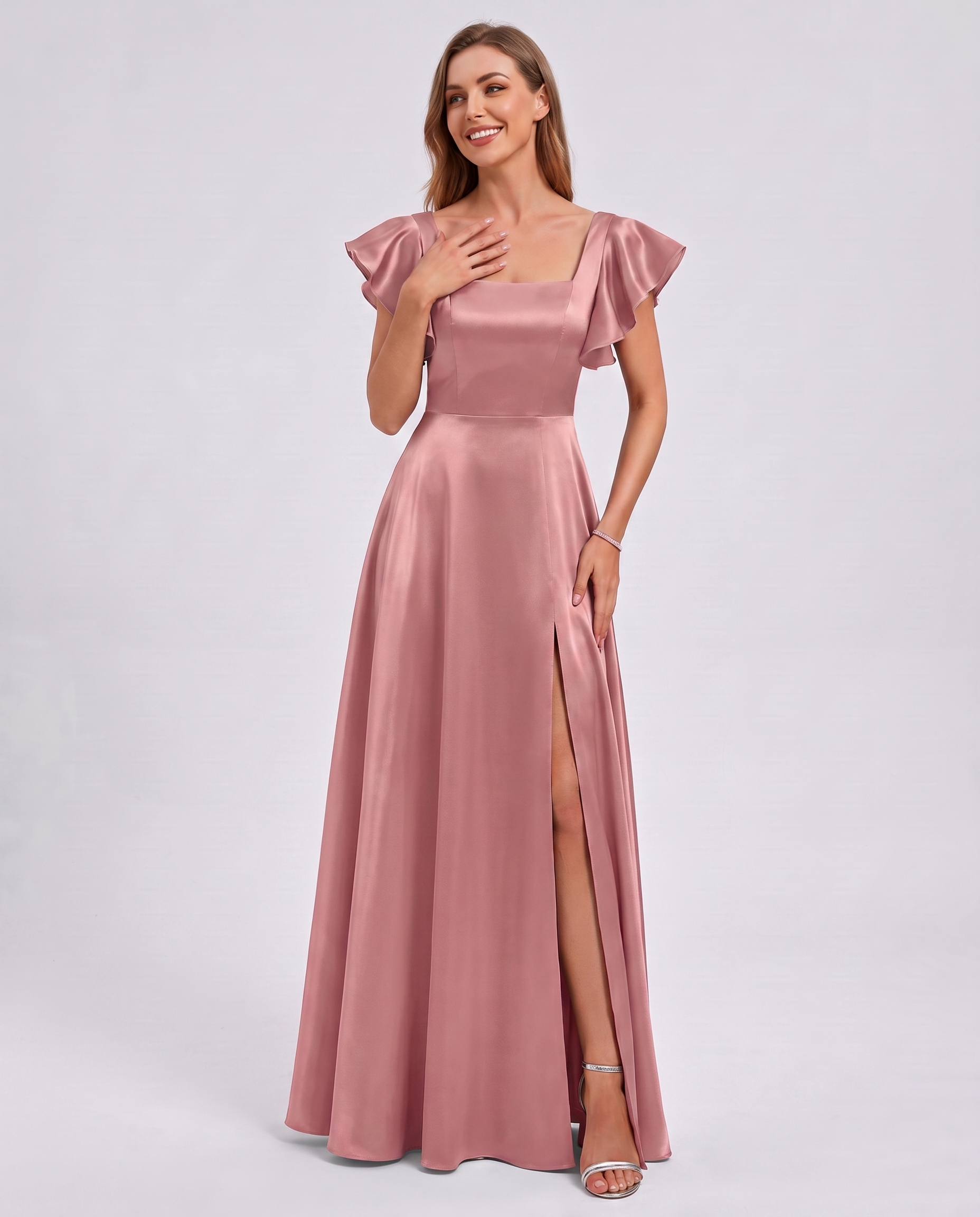Satin Short Flutter Sleeve Square Neck A-Line Maxi Dress with Pockets for Party, Cocktail, Evening, Wedding Guest & Summer Ev
