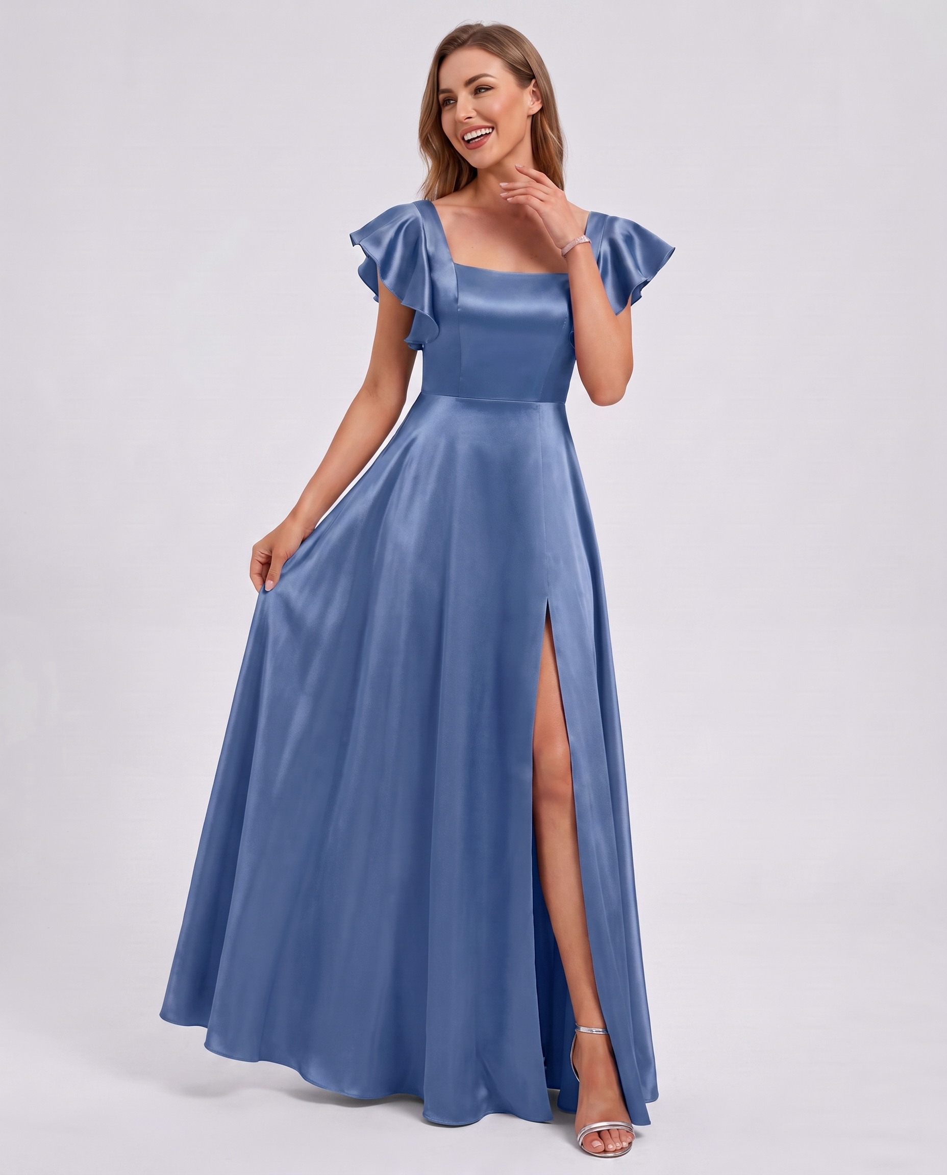 Satin Short Flutter Sleeve Square Neck A-Line Maxi Dress with Pockets for Party, Cocktail, Evening, Wedding Guest & Summer Ev