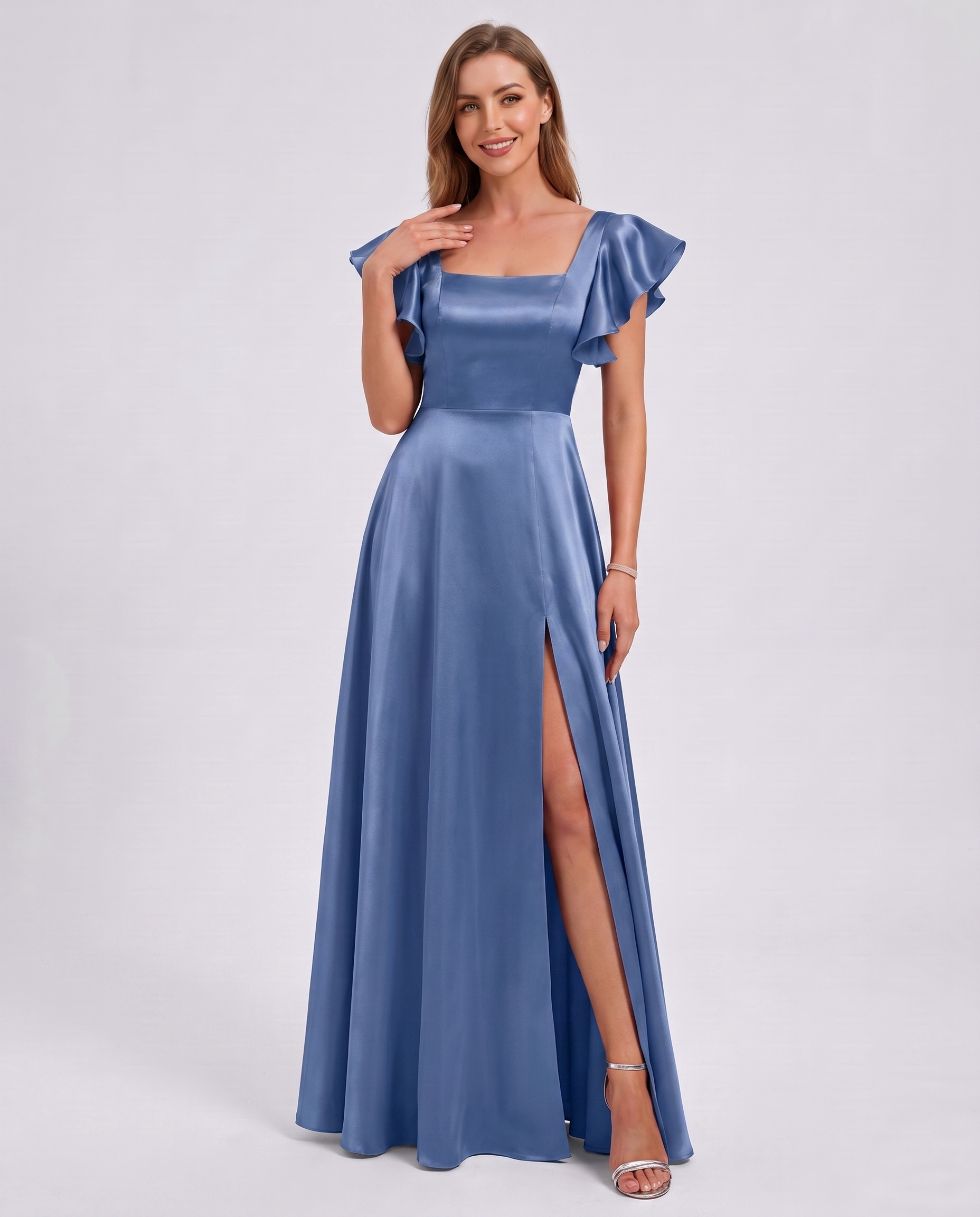 Satin Short Flutter Sleeve Square Neck A-Line Maxi Dress with Pockets for Party, Cocktail, Evening, Wedding Guest & Summer Ev
