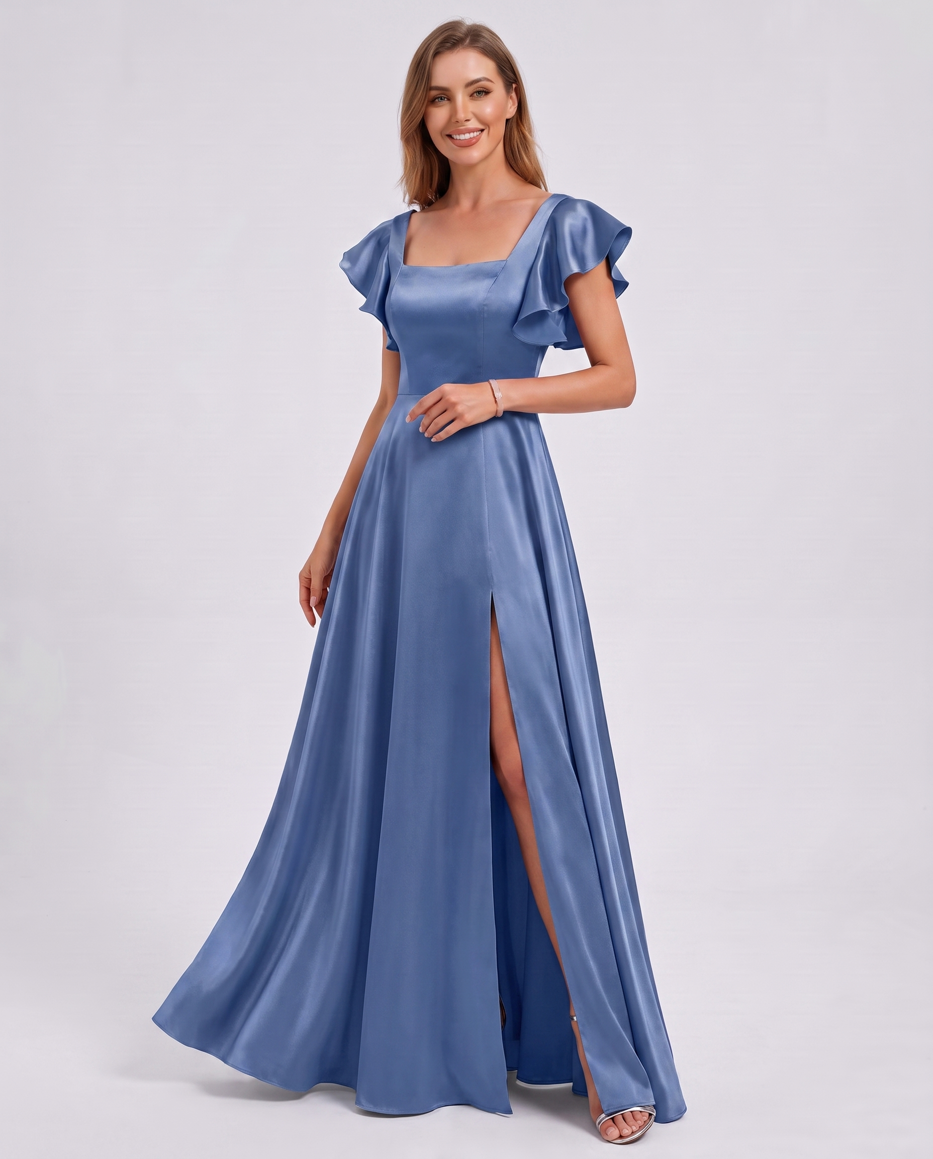 Satin Short Flutter Sleeve Square Neck A-Line Maxi Dress with Pockets for Party, Cocktail, Evening, Wedding Guest & Summer Ev