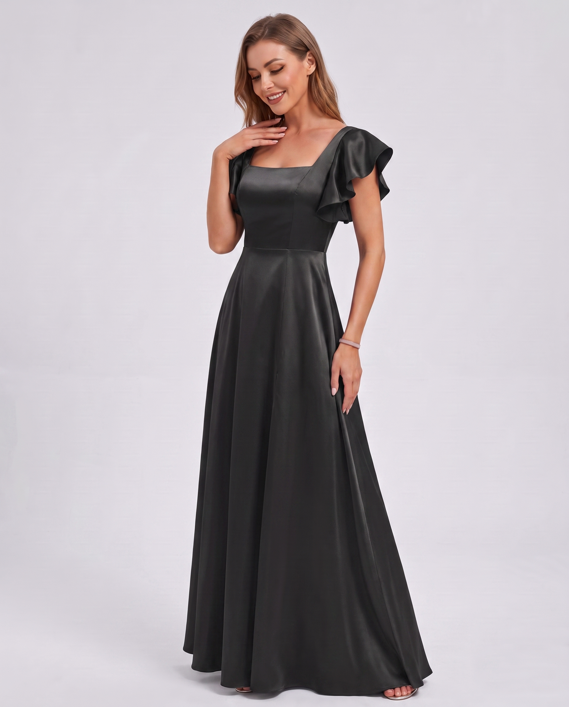Satin Short Flutter Sleeve Square Neck A-Line Maxi Dress with Pockets for Party, Cocktail, Evening, Wedding Guest & Summer Ev