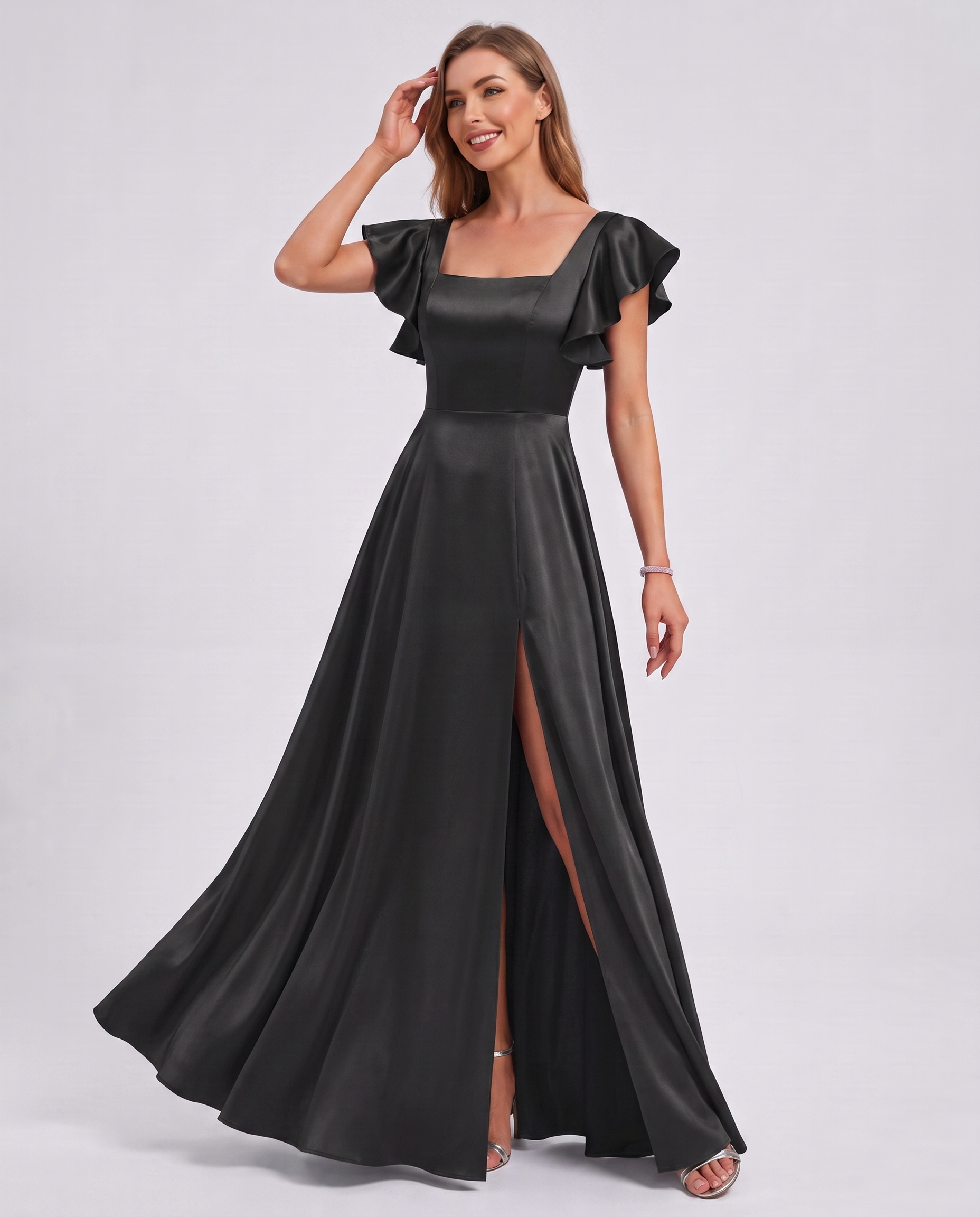 Satin Short Flutter Sleeve Square Neck A-Line Maxi Dress with Pockets for Party, Cocktail, Evening, Wedding Guest & Summer Ev