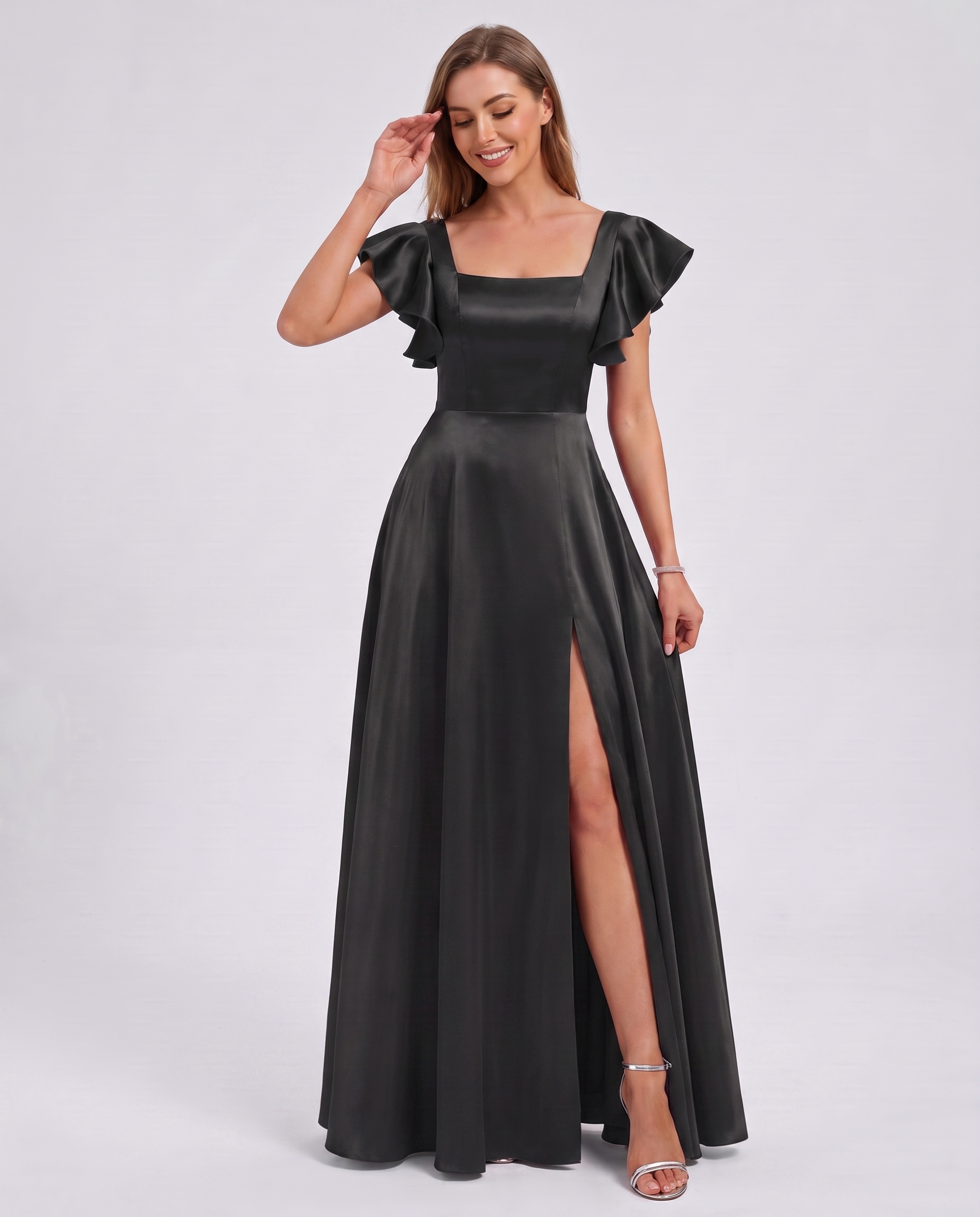 Satin Short Flutter Sleeve Square Neck A-Line Maxi Dress with Pockets for Party, Cocktail, Evening, Wedding Guest & Summer Ev