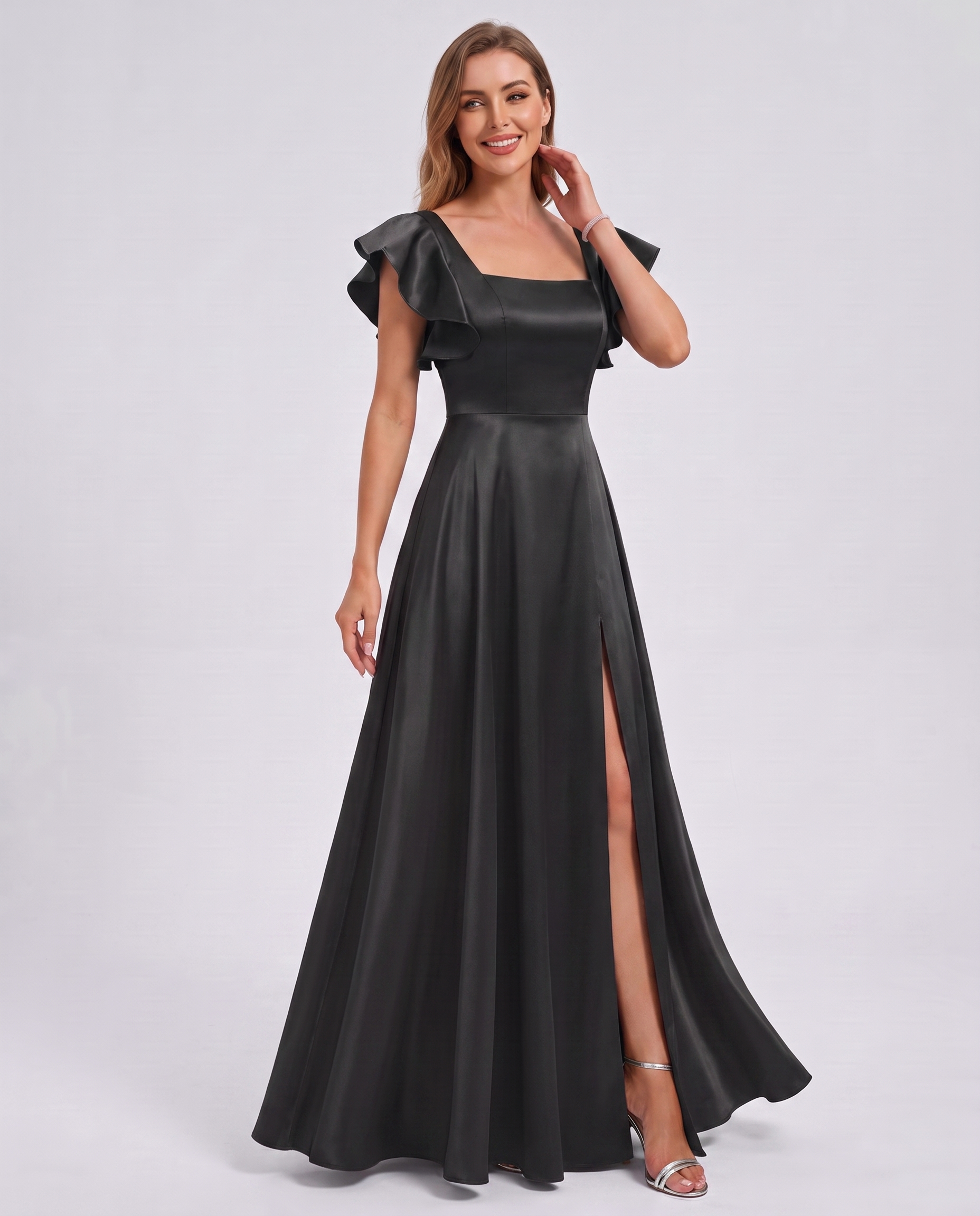 Satin Short Flutter Sleeve Square Neck A-Line Maxi Dress with Pockets for Party, Cocktail, Evening, Wedding Guest & Summer Ev