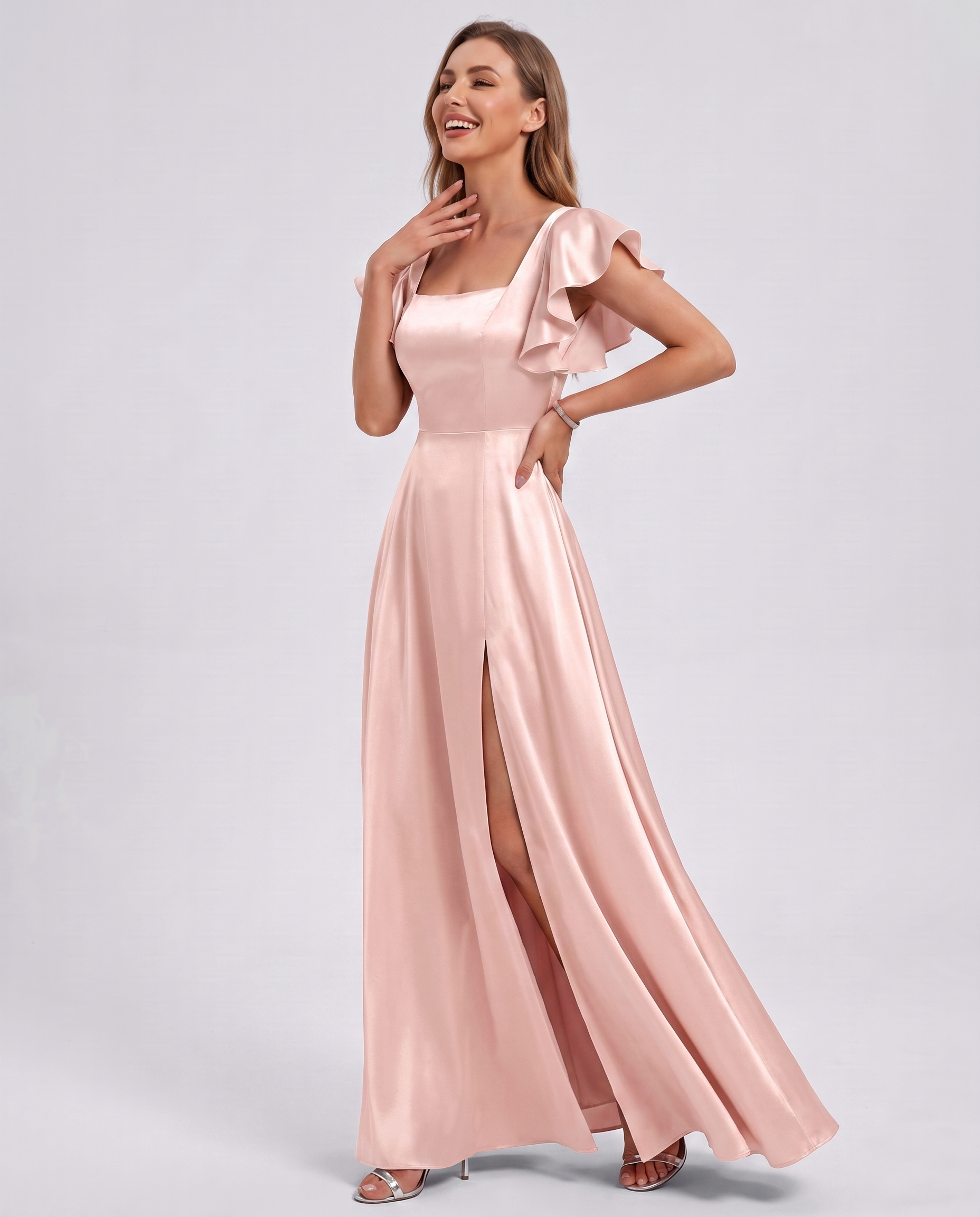 Satin Short Flutter Sleeve Square Neck A-Line Maxi Dress with Pockets for Party, Cocktail, Evening, Wedding Guest & Summer Ev