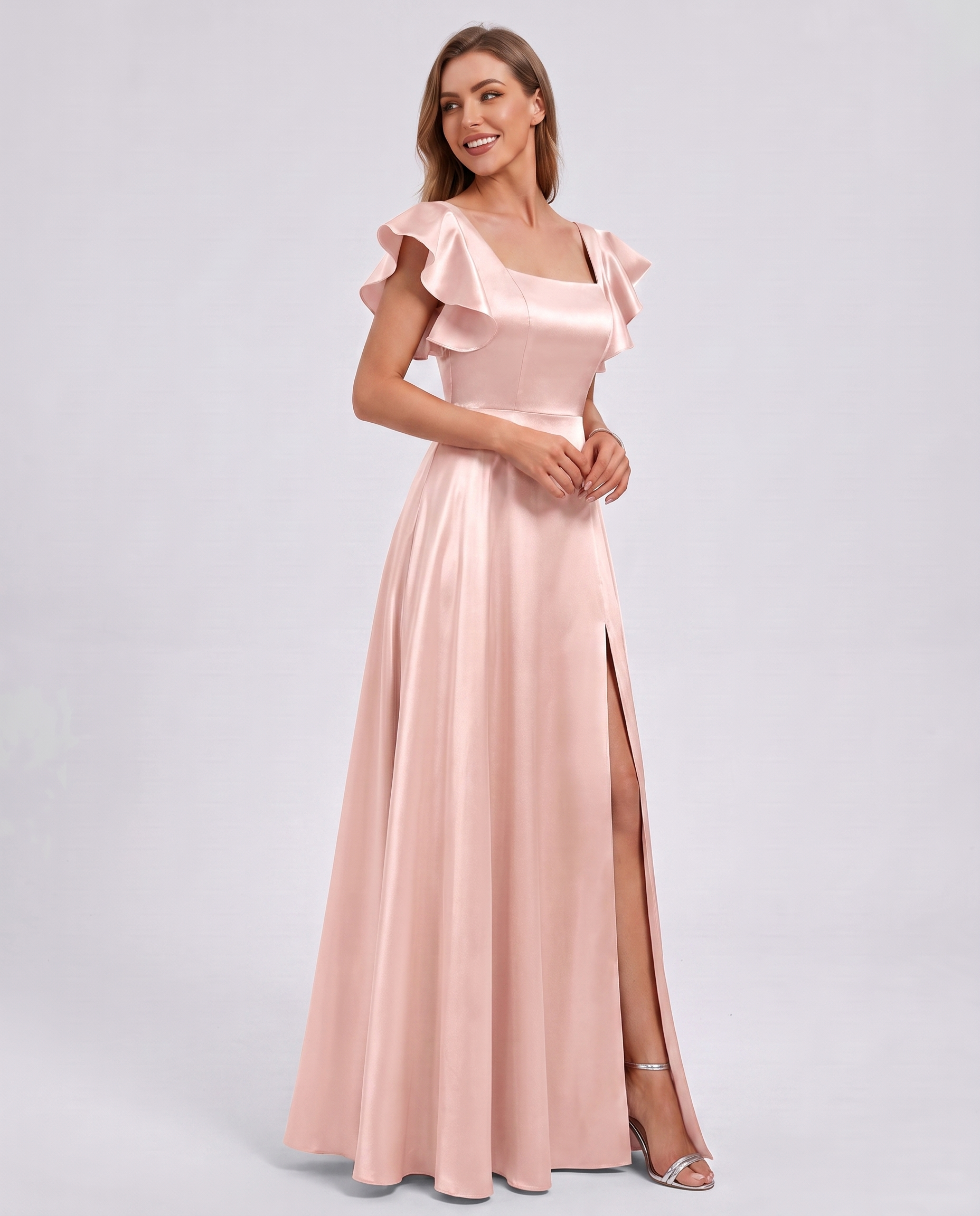 Satin Short Flutter Sleeve Square Neck A-Line Maxi Dress with Pockets for Party, Cocktail, Evening, Wedding Guest & Summer Ev