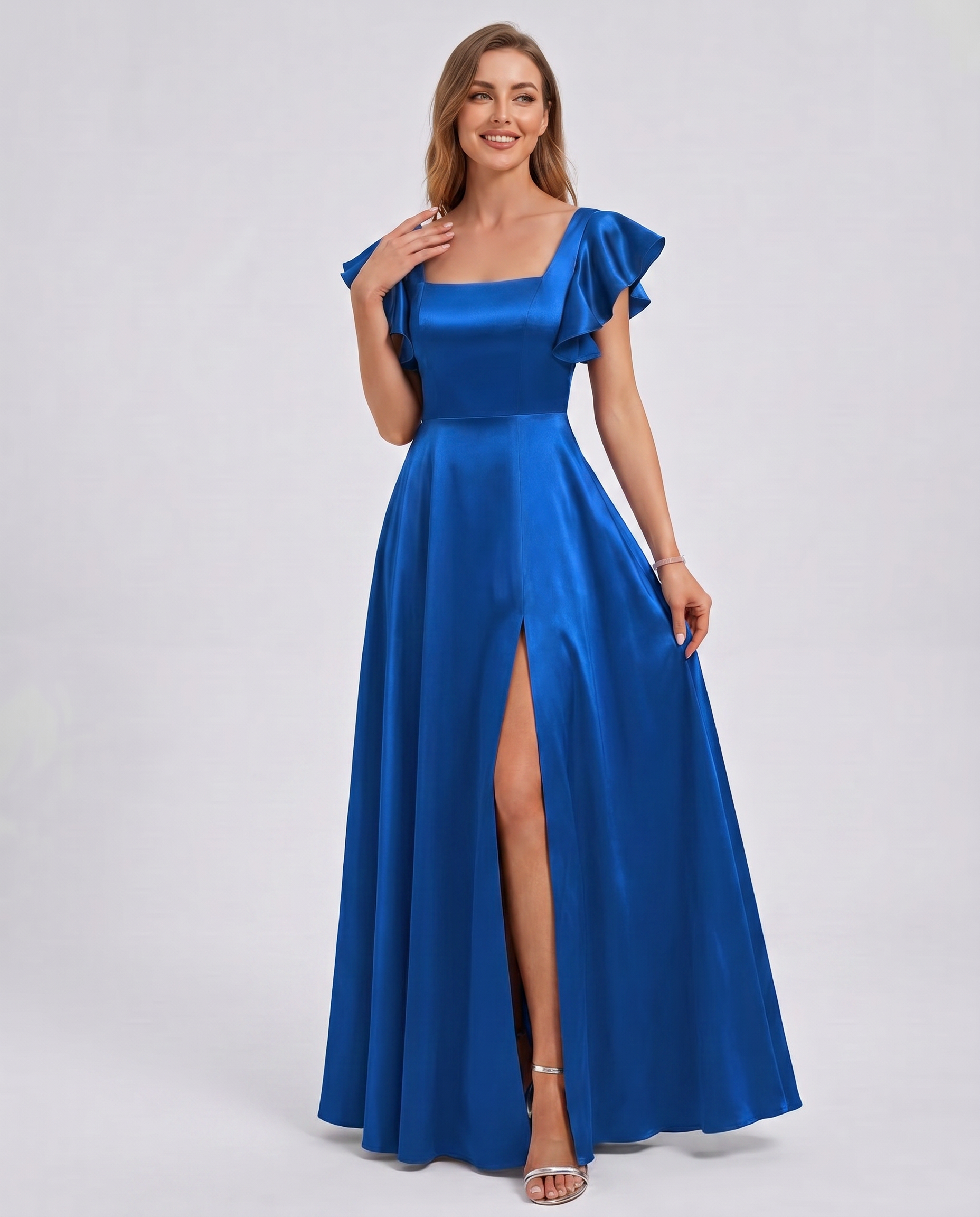 Satin Short Flutter Sleeve Square Neck A-Line Maxi Dress with Pockets for Party, Cocktail, Evening, Wedding Guest & Summer Ev