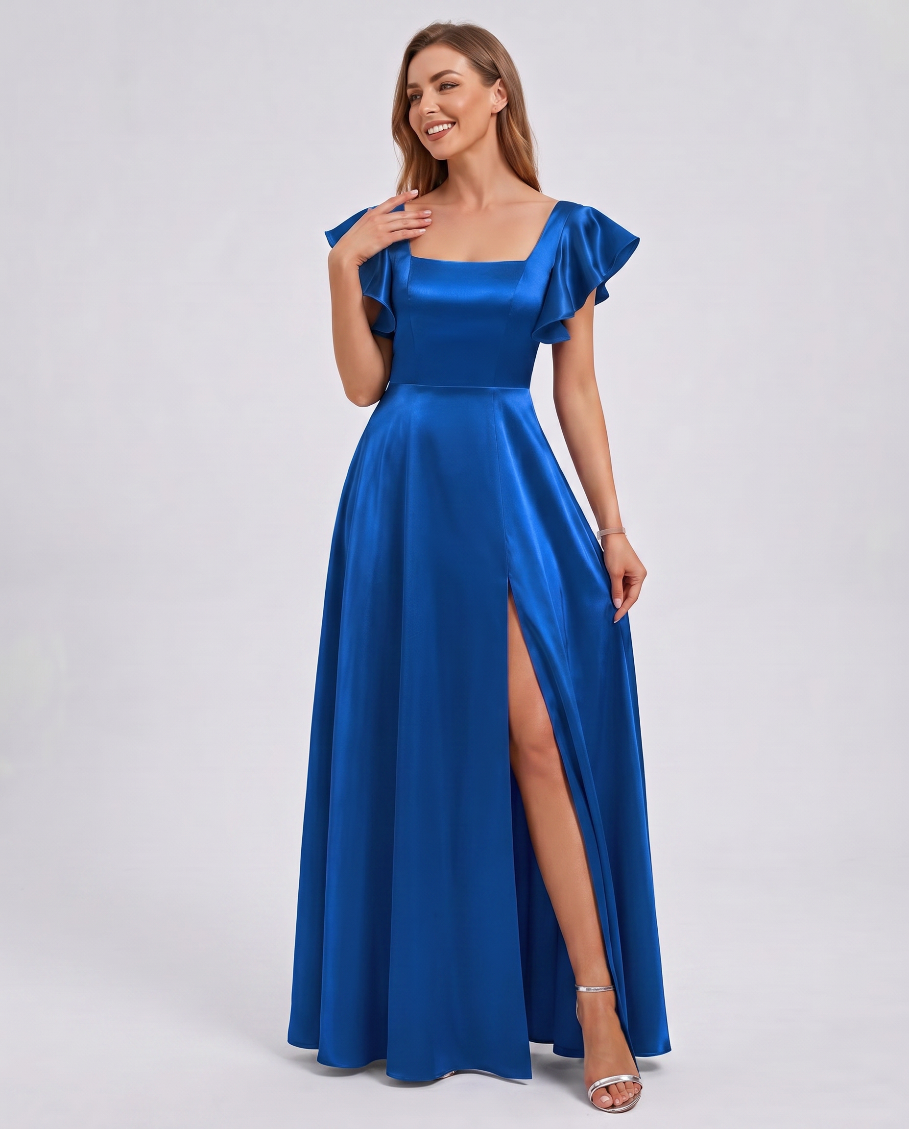 Satin Short Flutter Sleeve Square Neck A-Line Maxi Dress with Pockets for Party, Cocktail, Evening, Wedding Guest & Summer Ev